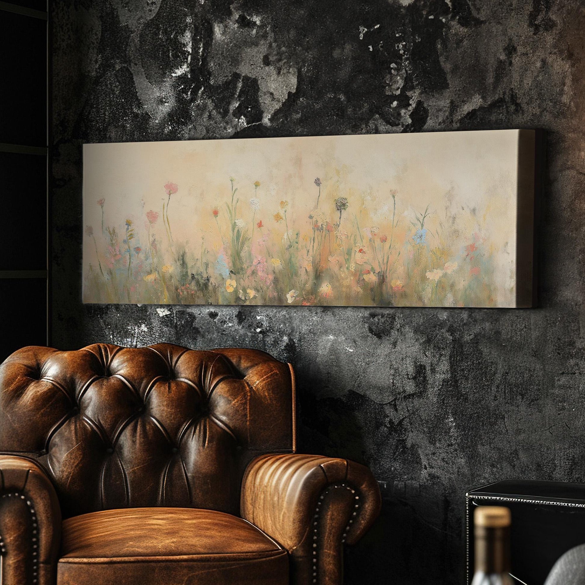 Textile Spring Meadow Panoramic Wildflower Field, Minimal Muted Landscape Canvas Print, English Countryside Printed Canvas Art