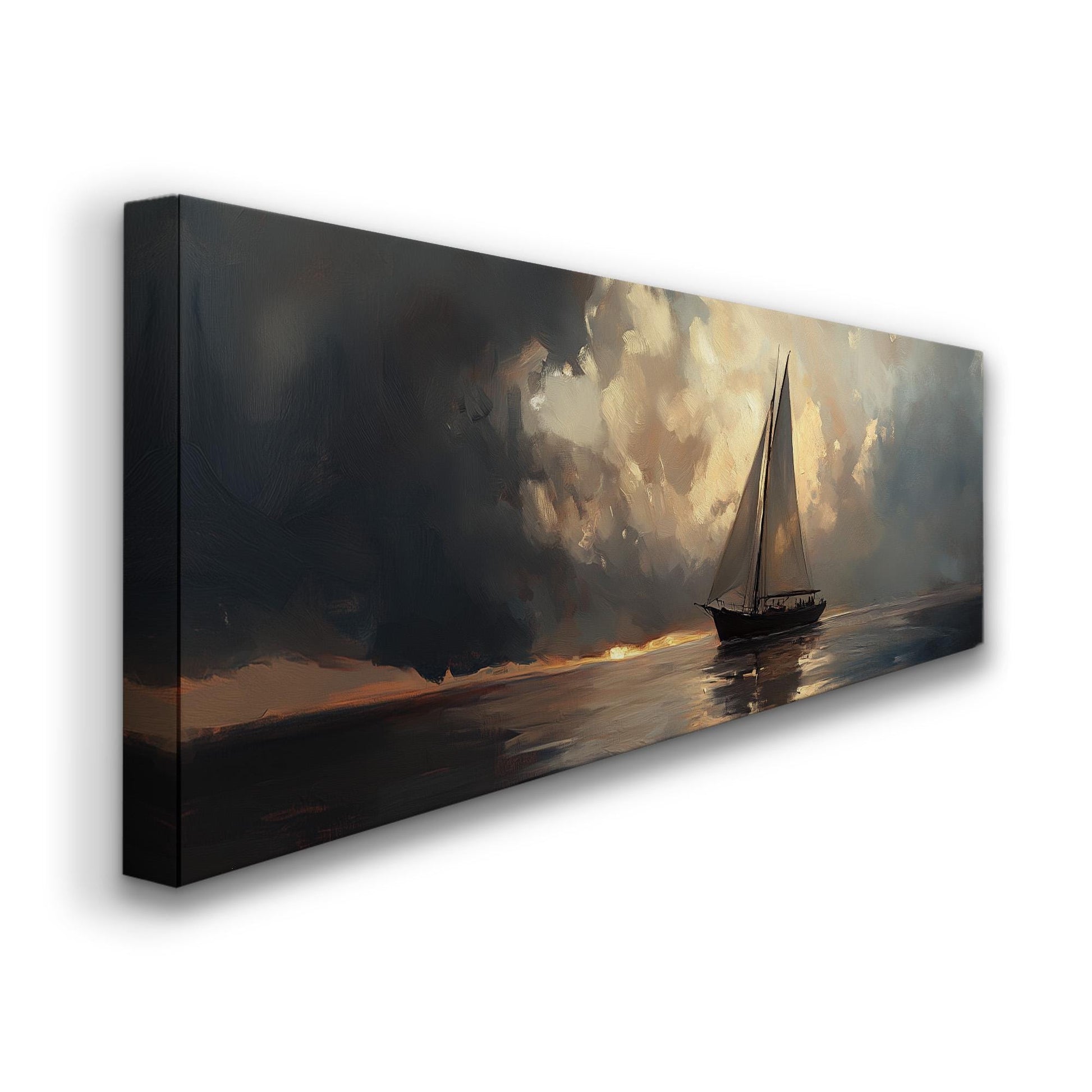 Vintage Sailboat Panoramic Muted Beach, Minimal Nautical Art Canvas Print, Coastal Sunset Printed Canvas Art