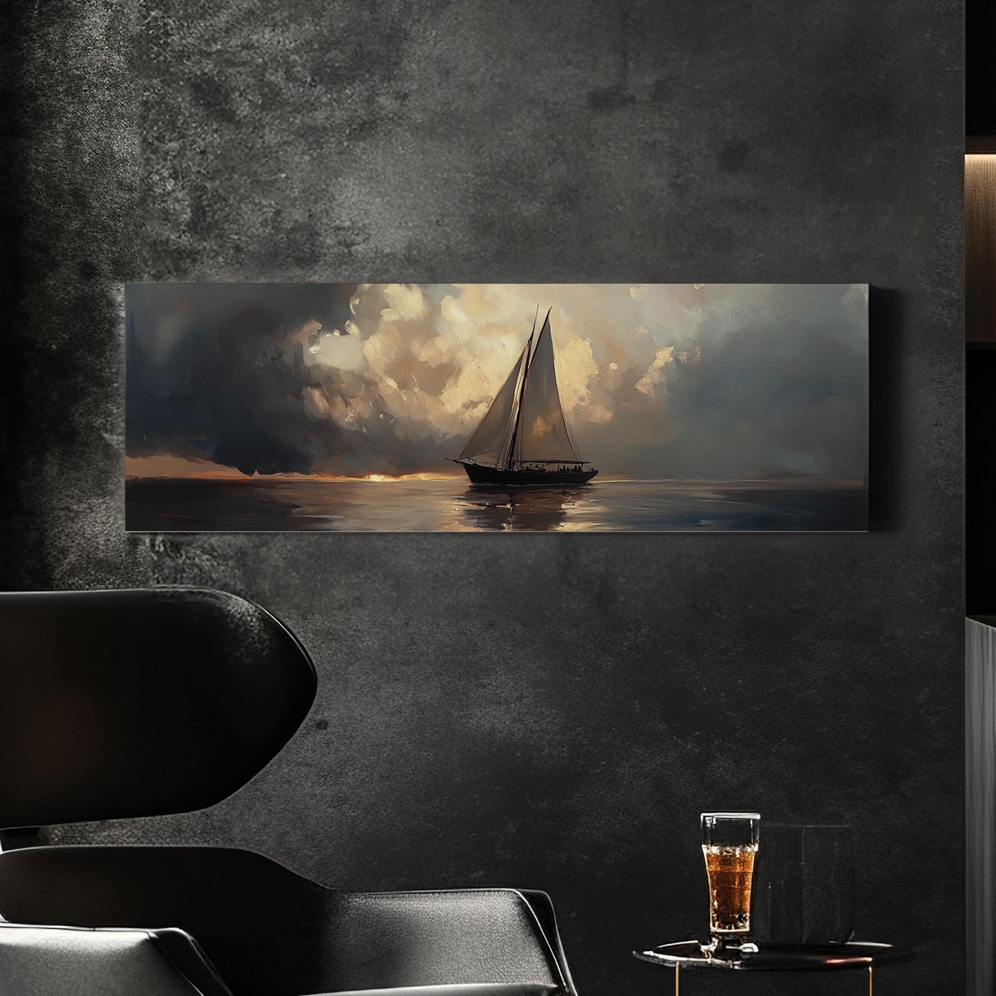 Vintage Sailboat Panoramic Muted Beach, Minimal Nautical Art Canvas Print, Coastal Sunset Printed Canvas Art