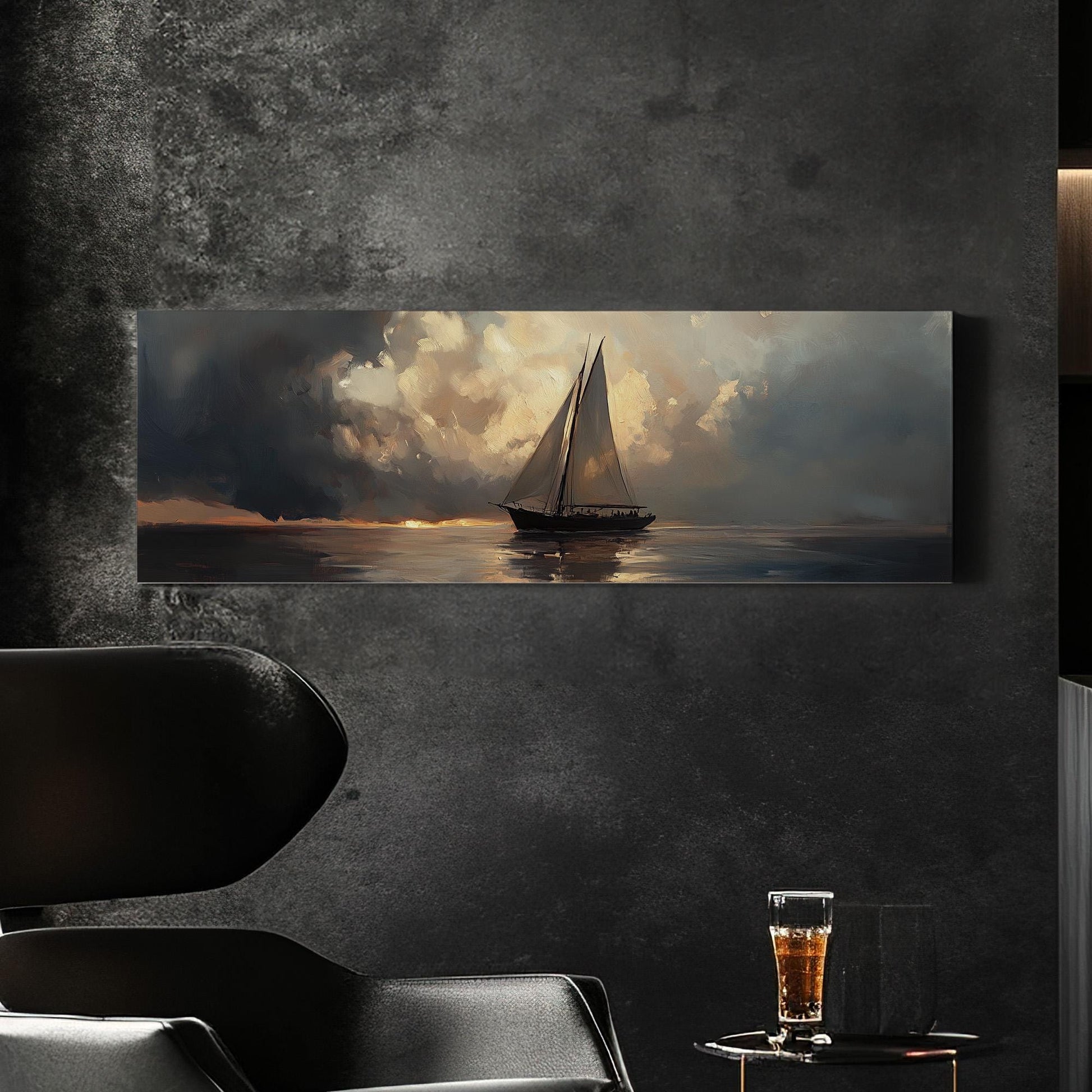 Vintage Sailboat Panoramic Muted Beach, Minimal Nautical Art Canvas Print, Coastal Sunset Printed Canvas Art