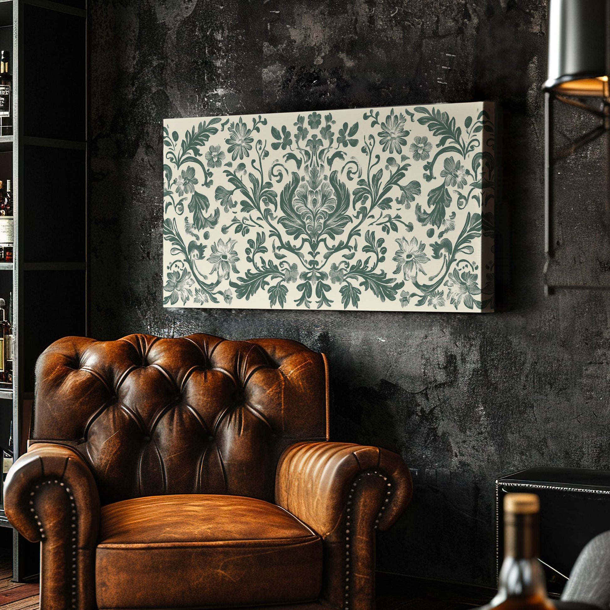 Antique Olive Green Flowers Lanscape Monochrome Textile, 2x1 Neutral Taperstry Canvas Print, Chrysanthemum 20x60 Canvas Art