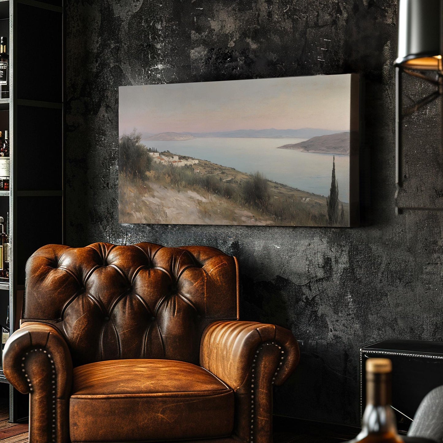 Greek Mediterranean Lanscape Muted Seascape, 2x1 Nautical Art Canvas Print, Coastal Sunset 20x60 Canvas Art