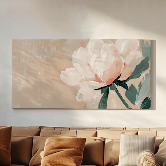 Minimal Pink Peony Lanscape Abstract Brush Peony, 2x1 Floral Charm Canvas Print, Rustic Farmhouse 20x60 Canvas Art