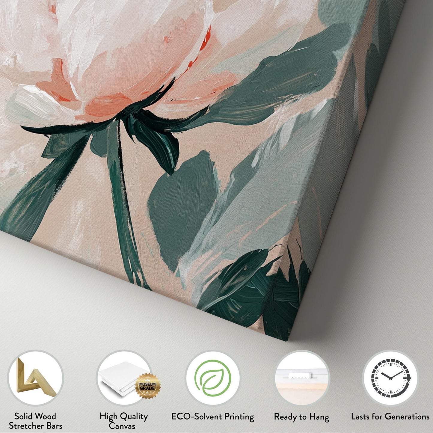 Minimal Pink Peony Lanscape Abstract Brush Peony, 2x1 Floral Charm Canvas Print, Rustic Farmhouse 20x60 Canvas Art