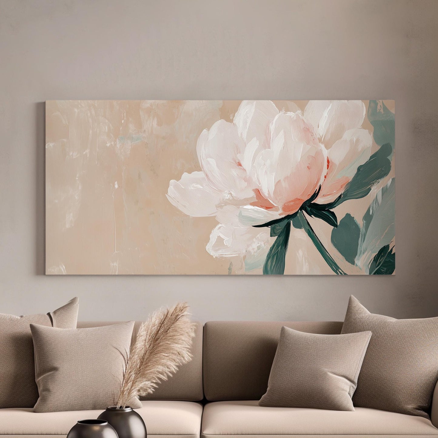 Minimal Pink Peony Lanscape Abstract Brush Peony, 2x1 Floral Charm Canvas Print, Rustic Farmhouse 20x60 Canvas Art