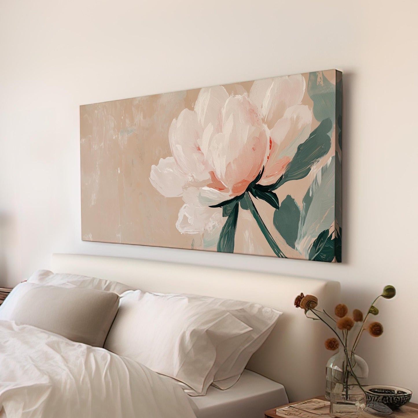 Minimal Pink Peony Lanscape Abstract Brush Peony, 2x1 Floral Charm Canvas Print, Rustic Farmhouse 20x60 Canvas Art