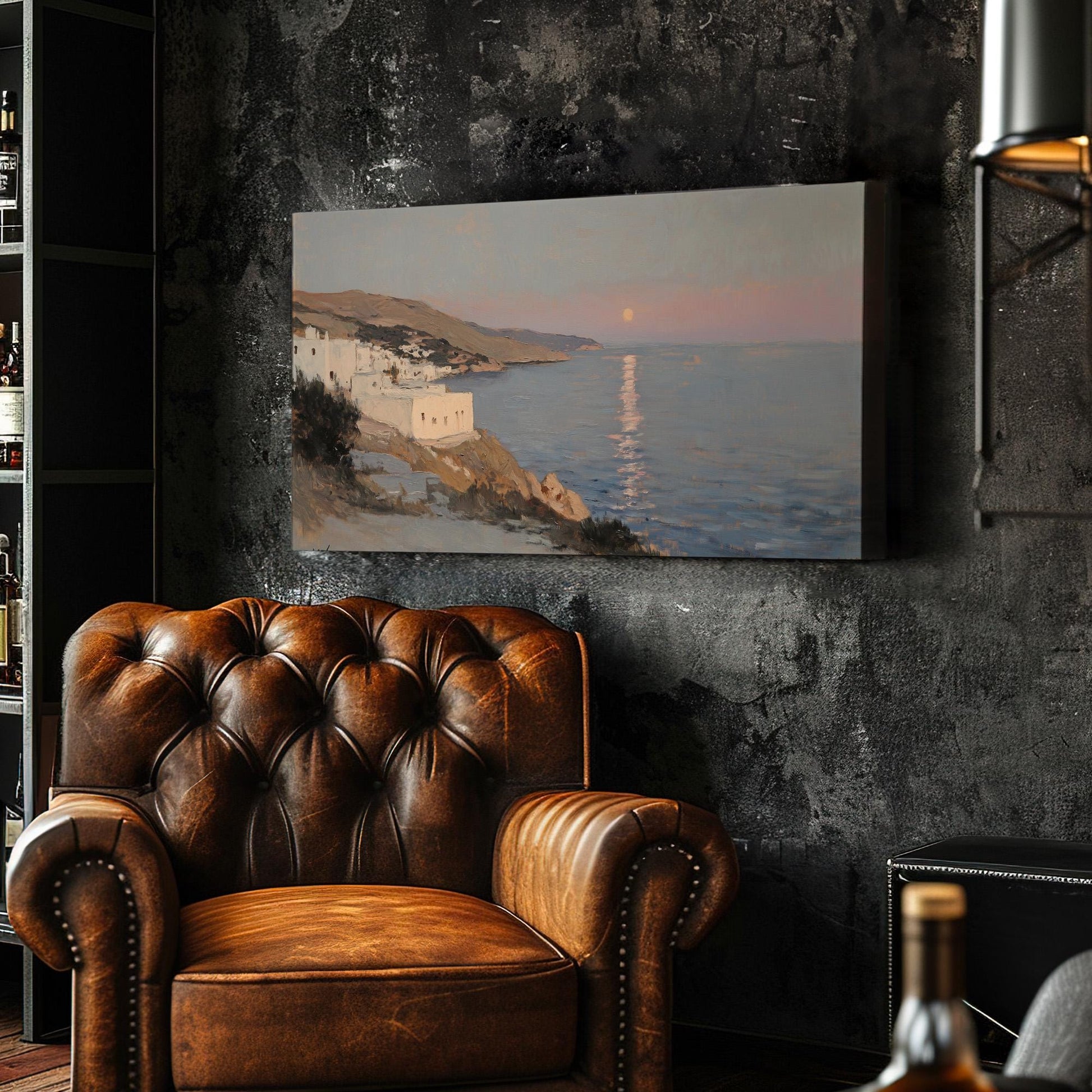 Rustic Mediterranean Lanscape Muted Seascape, 2x1 Nautical Art Canvas Print, Coastal Sunset 20x60 Canvas Art