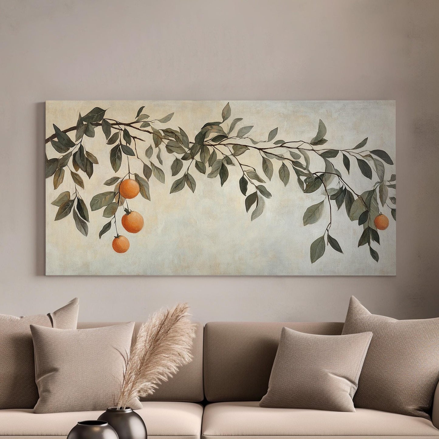 Vintage Orange Branch Lanscape Fresh Citrus, 2x1 Kitchen Wall Canvas Print, Country Style 20x60 Canvas Art