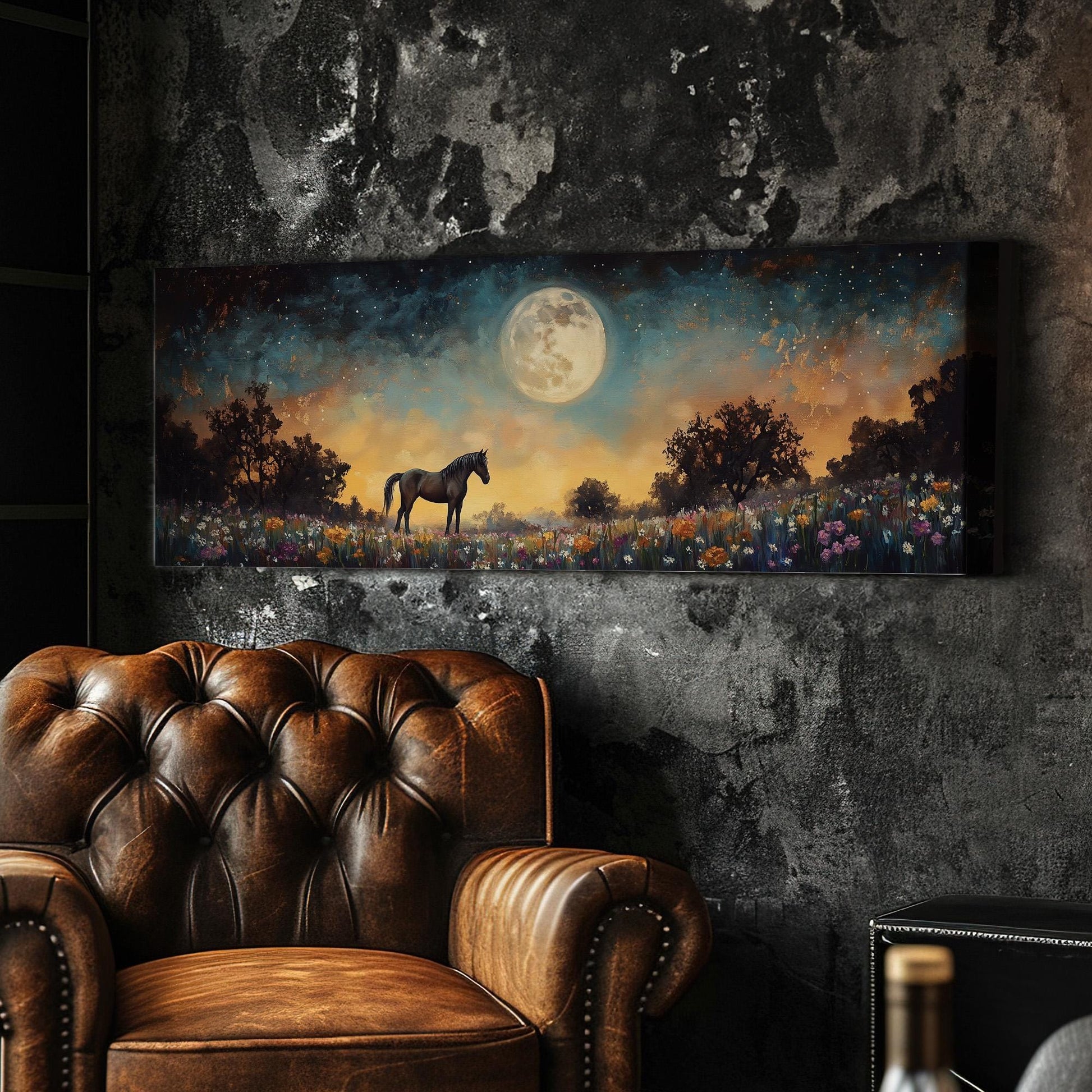 Horse Full Moon Panoramic Western Rustic, Minimal Farmhouse Ranch Canvas Print, Starry Night Printed Canvas Art