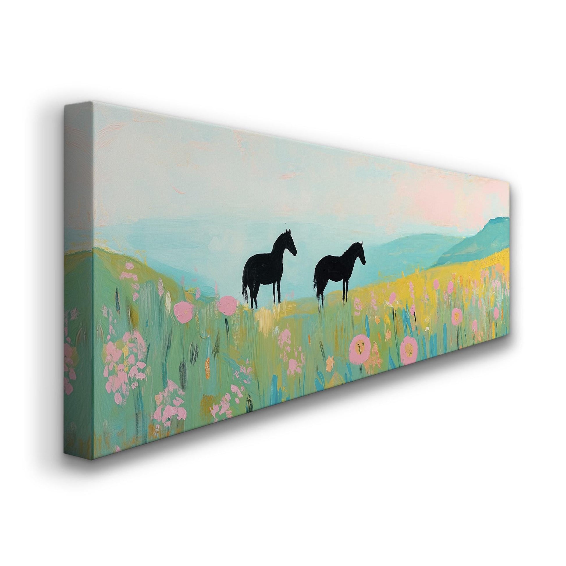 Horses On Colorful Wildflower Field Panoramic Flower Garden, Minimal Farmhouse Equestrian Canvas Print, Wild Nature Printed Canvas Art