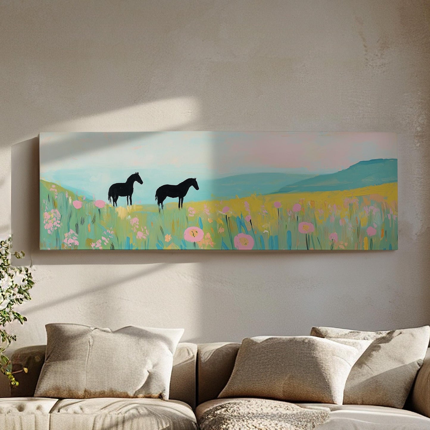 Horses On Colorful Wildflower Field Panoramic Flower Garden, Minimal Farmhouse Equestrian Canvas Print, Wild Nature Printed Canvas Art