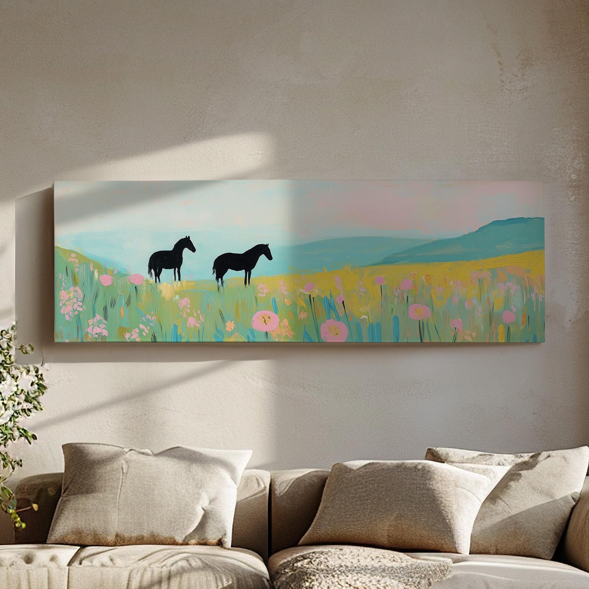 Horses On Colorful Wildflower Field Panoramic Flower Garden, Minimal Farmhouse Equestrian Canvas Print, Wild Nature Printed Canvas Art