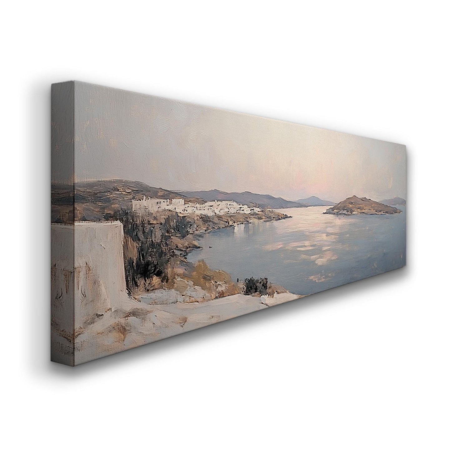 Italian Mediterranean Panoramic Muted Seascape, Minimal Nautical Art Canvas Print, Coastal Sunset Printed Canvas Art