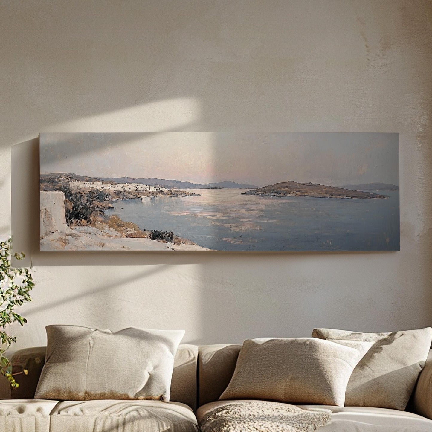 Italian Mediterranean Panoramic Muted Seascape, Minimal Nautical Art Canvas Print, Coastal Sunset Printed Canvas Art