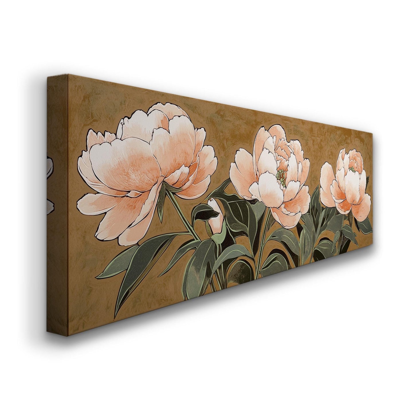 Peach Peony Bloom Panoramic Spring Garden, Minimal Floral Charm Canvas Print, Spring Farmhouse Printed Canvas Art