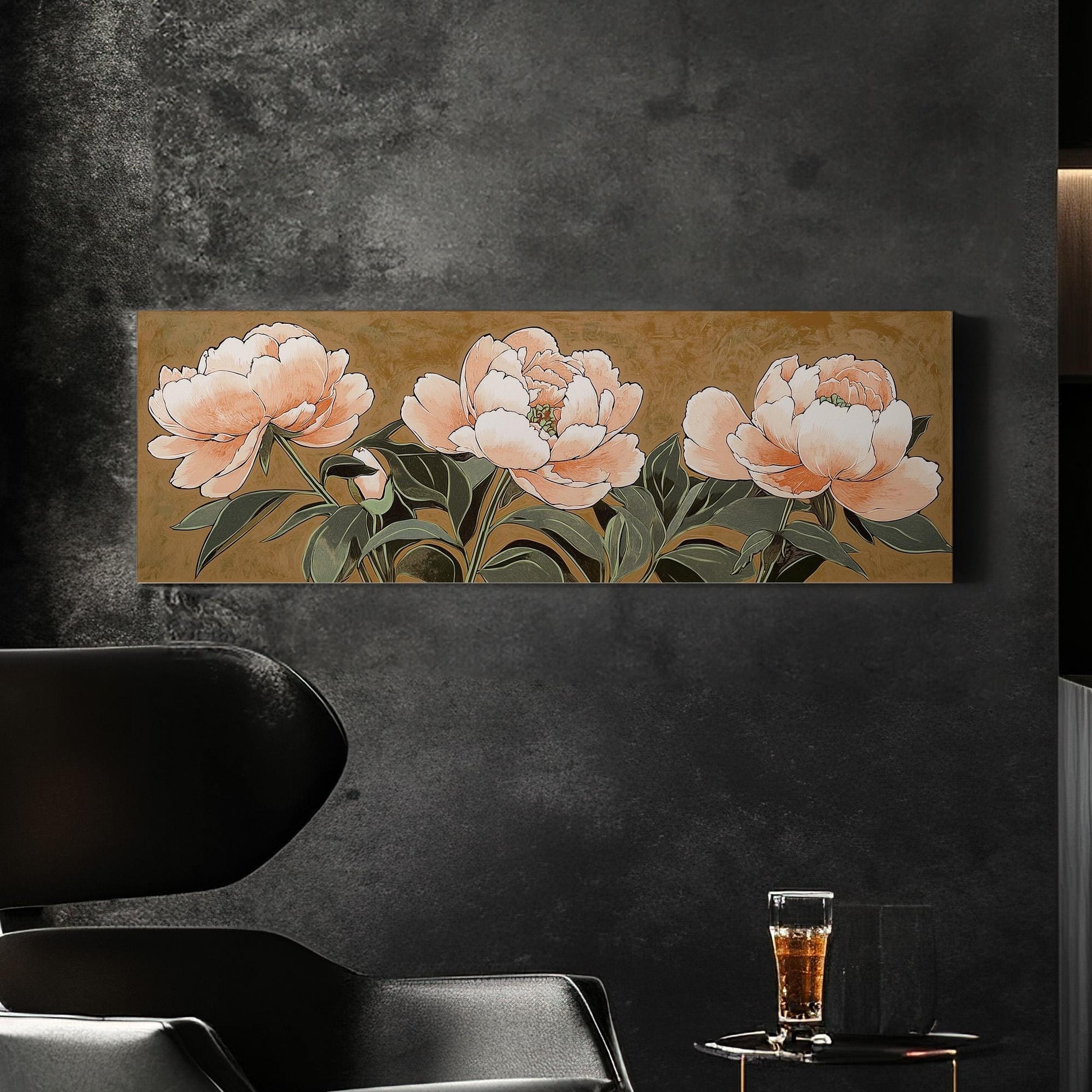 Peach Peony Bloom Panoramic Spring Garden, Minimal Floral Charm Canvas Print, Spring Farmhouse Printed Canvas Art