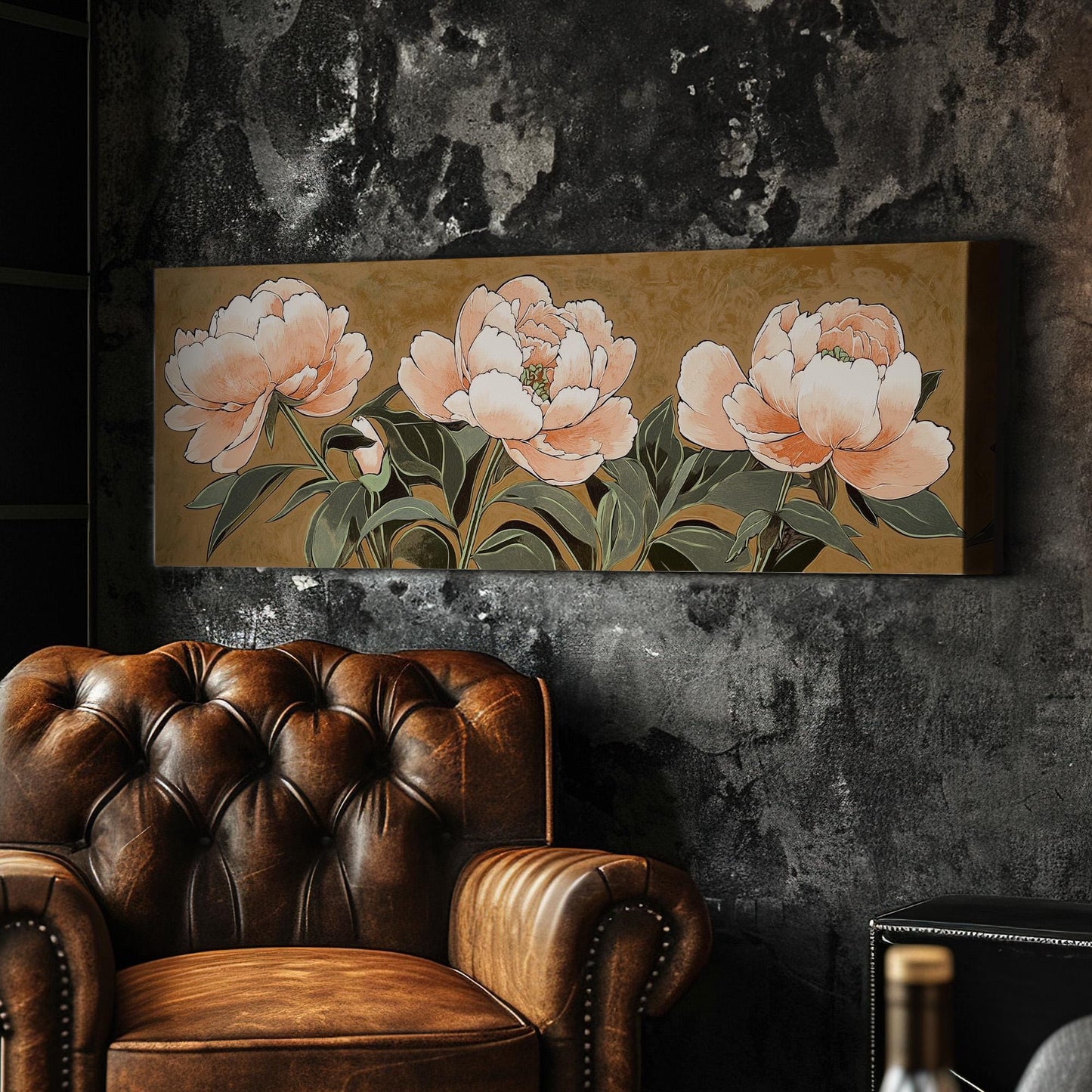 Peach Peony Bloom Panoramic Spring Garden, Minimal Floral Charm Canvas Print, Spring Farmhouse Printed Canvas Art