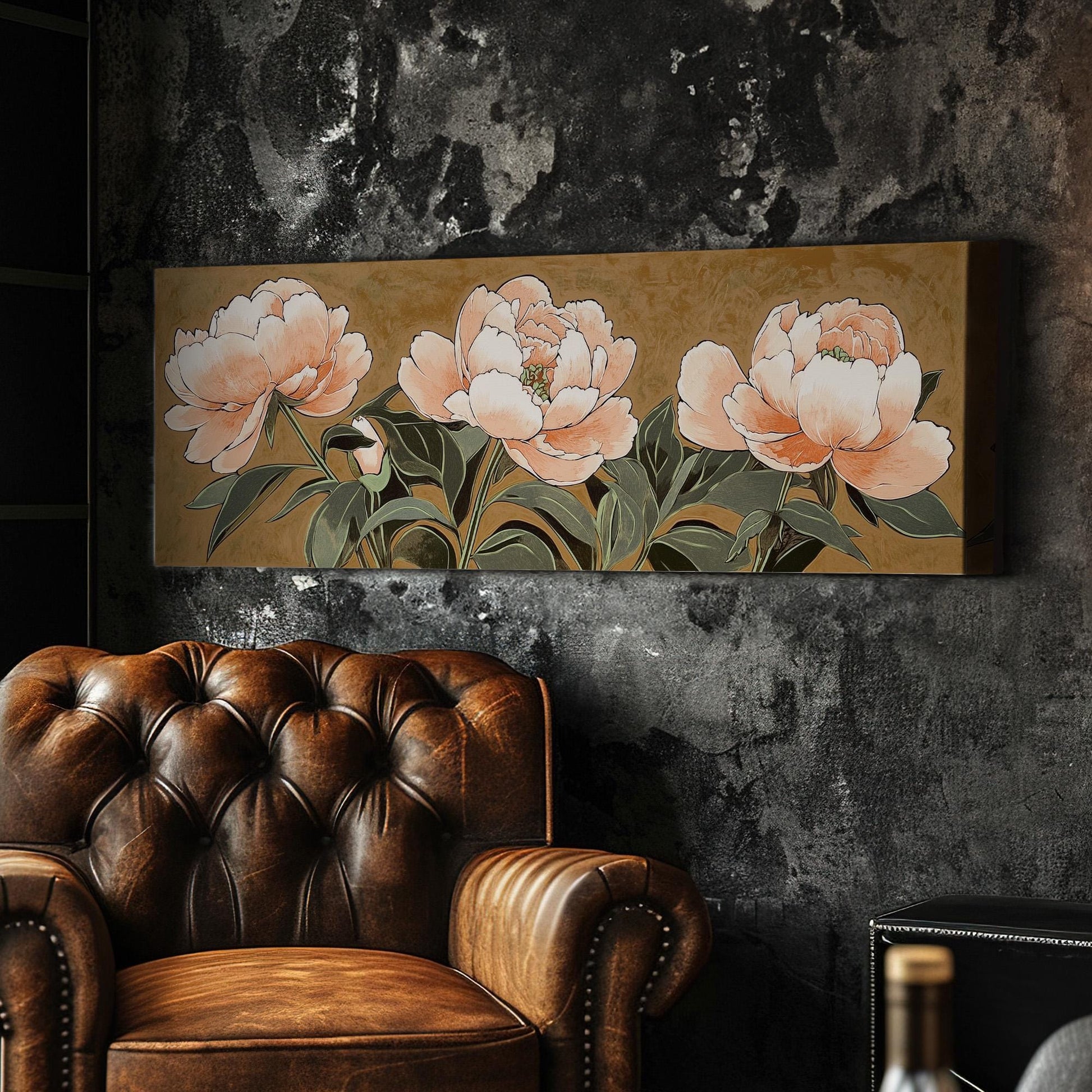Peach Peony Bloom Panoramic Spring Garden, Minimal Floral Charm Canvas Print, Spring Farmhouse Printed Canvas Art