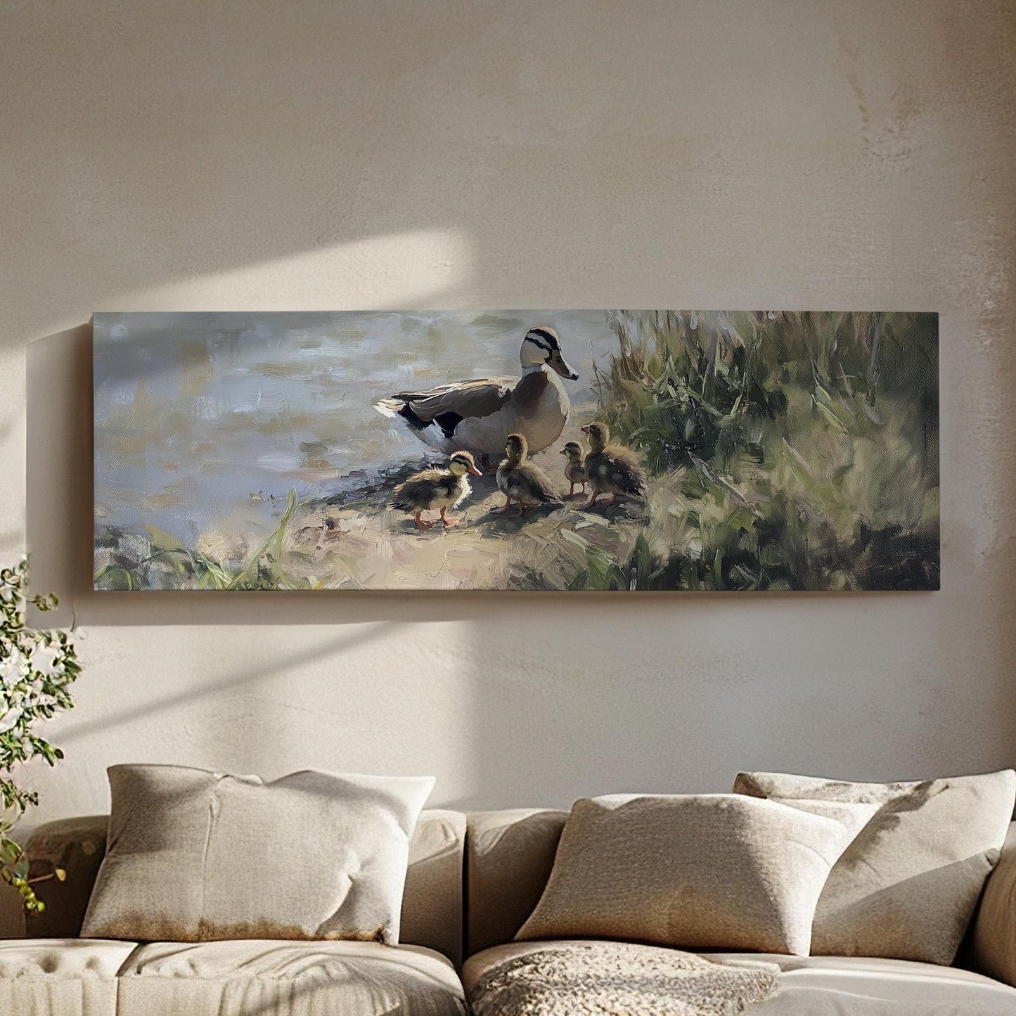 Pond Life Panoramic Ducklings in Water, Minimal Vintage Nature Canvas Print, Folk Art Printed Canvas Art