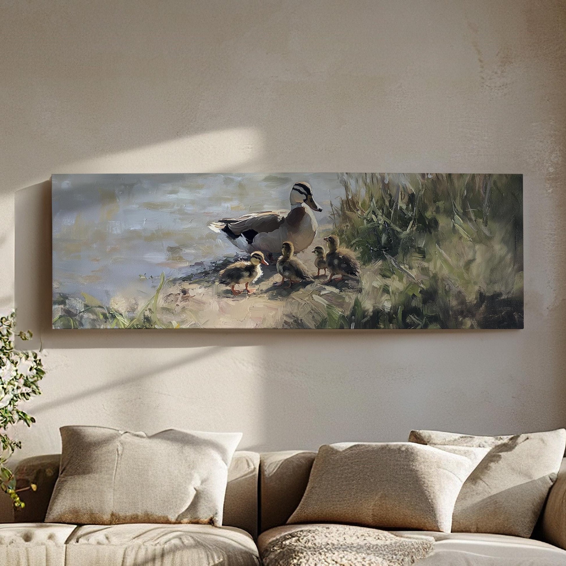 Pond Life Panoramic Ducklings in Water, Minimal Vintage Nature Canvas Print, Folk Art Printed Canvas Art