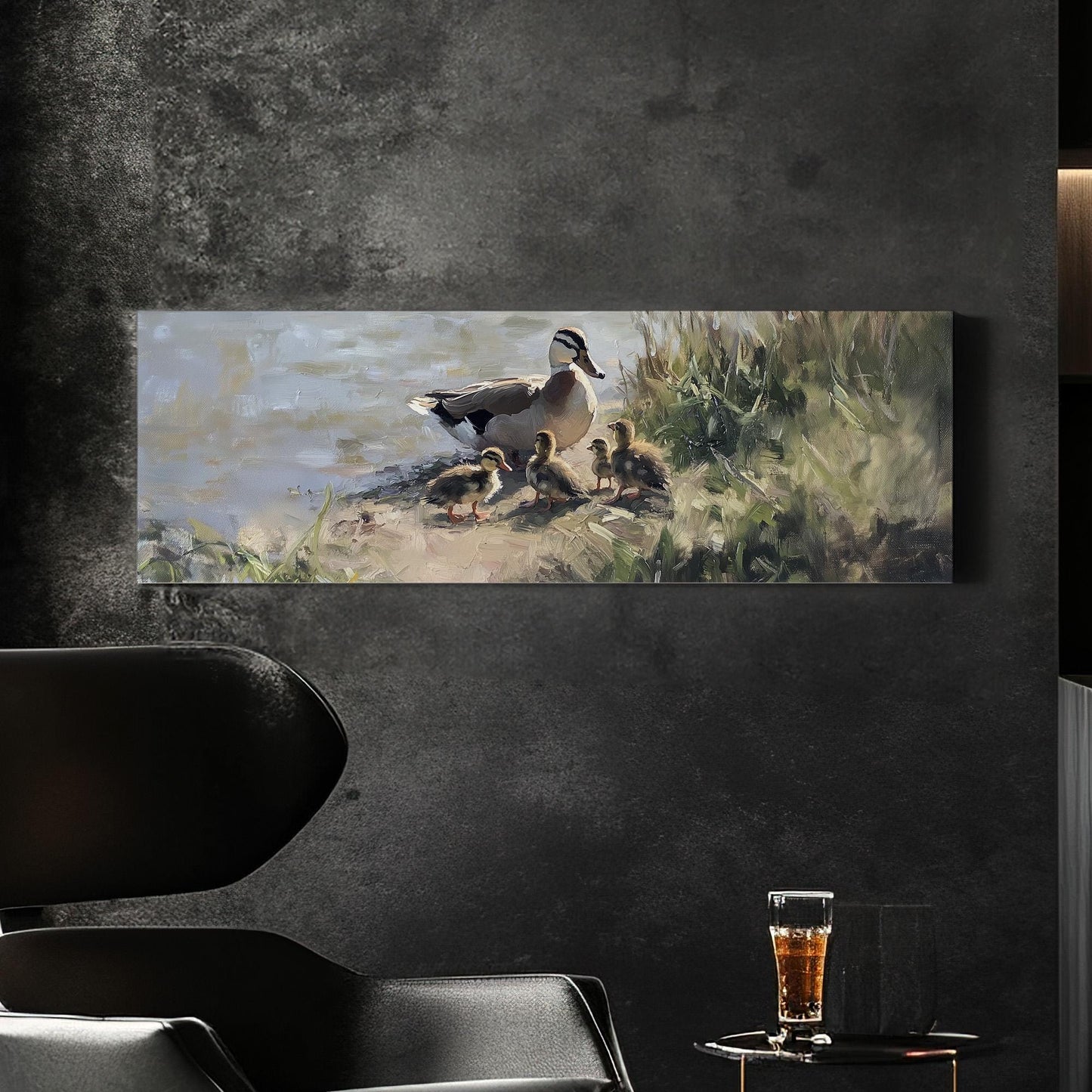 Pond Life Panoramic Ducklings in Water, Minimal Vintage Nature Canvas Print, Folk Art Printed Canvas Art