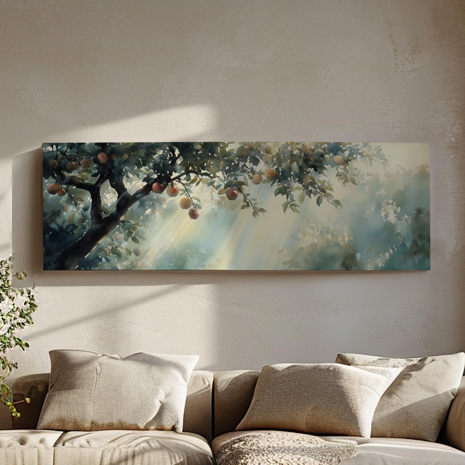 Spring Apple Tree Panoramic Magical Lights, Minimal Farmhouse Country Canvas Print, Nature Bloom Printed Canvas Art