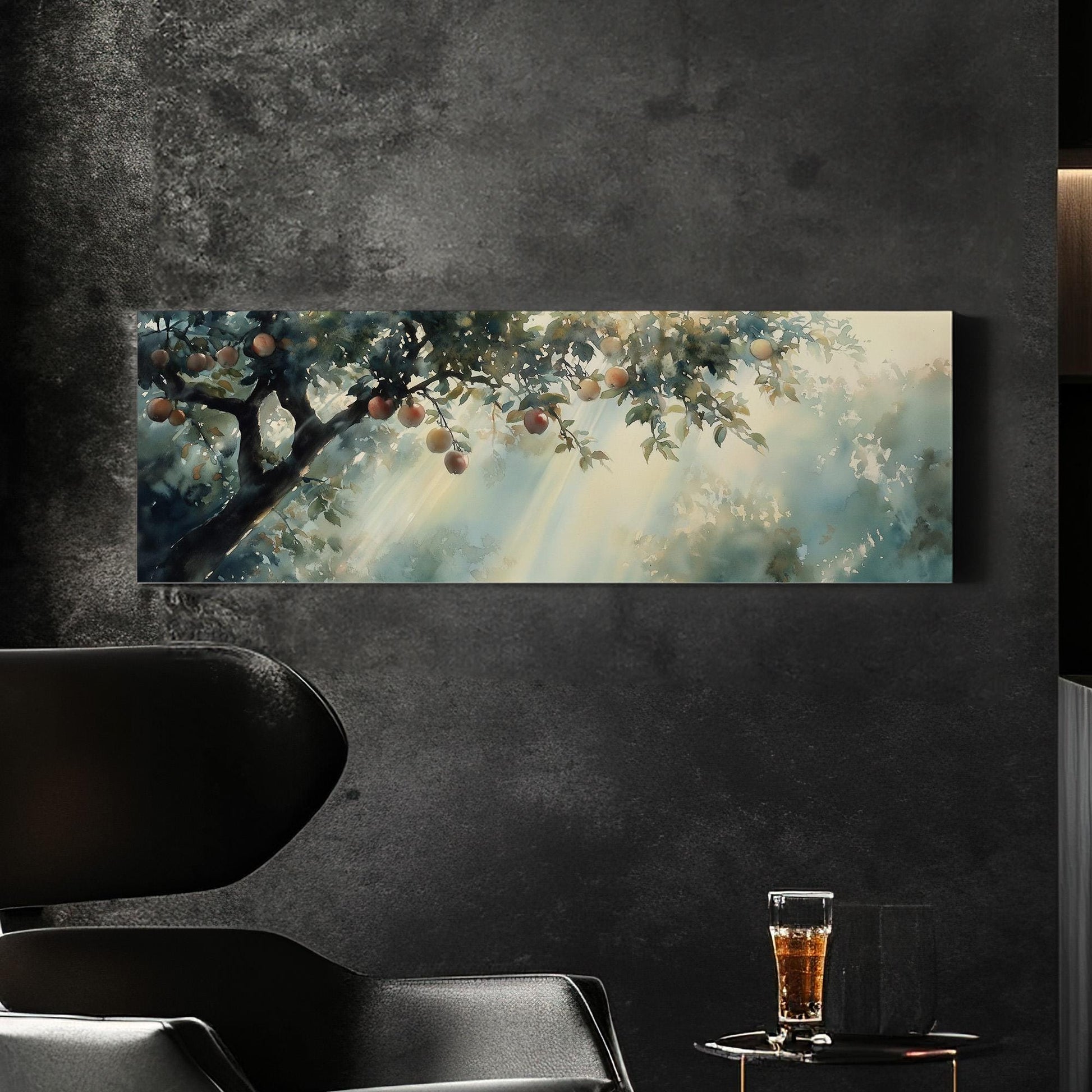 Spring Apple Tree Panoramic Magical Lights, Minimal Farmhouse Country Canvas Print, Nature Bloom Printed Canvas Art