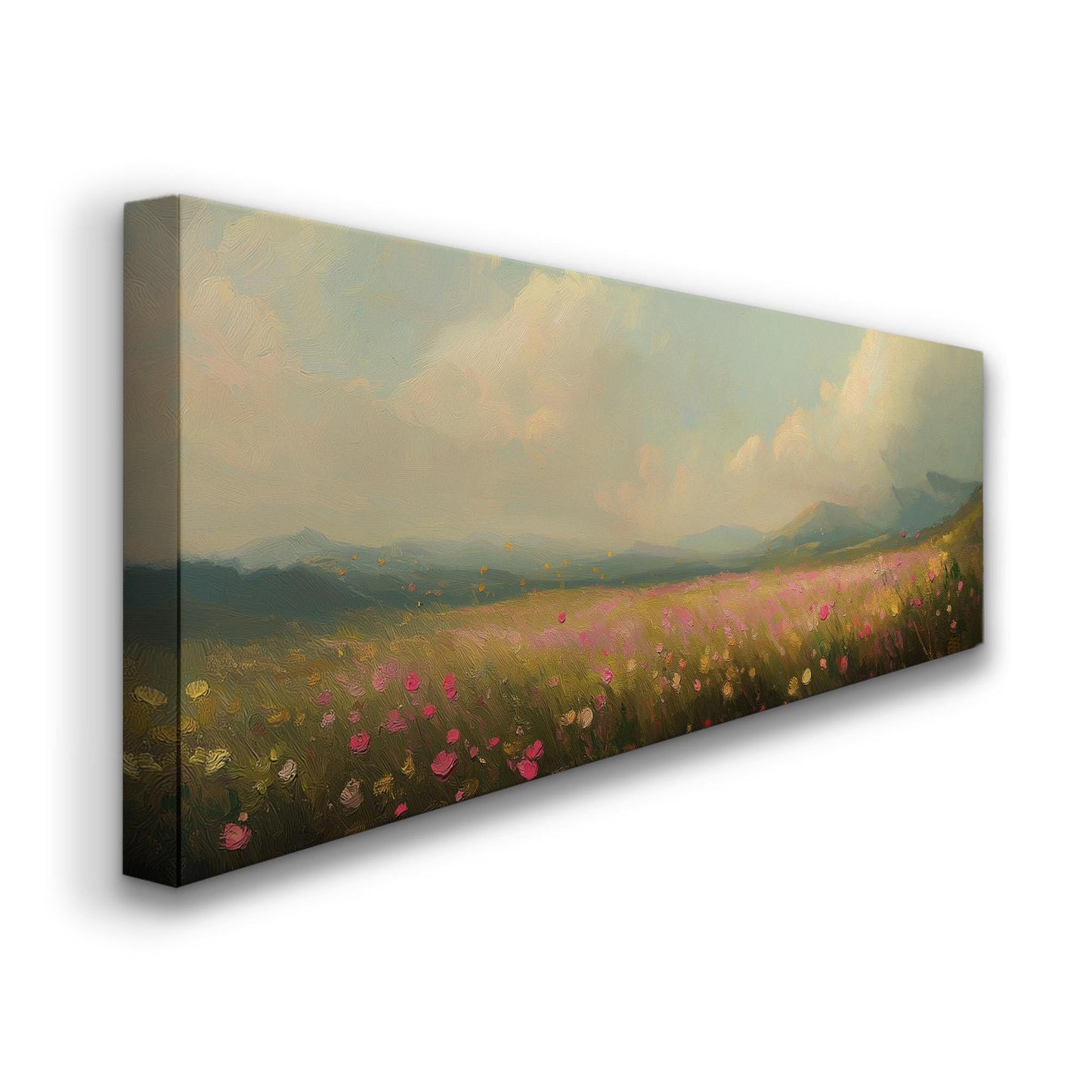 Spring Meadow in front of the Mountains Panoramic Wildflower Field, Minimal Muted Landscape Canvas, English Countryside Printed Canvas Art