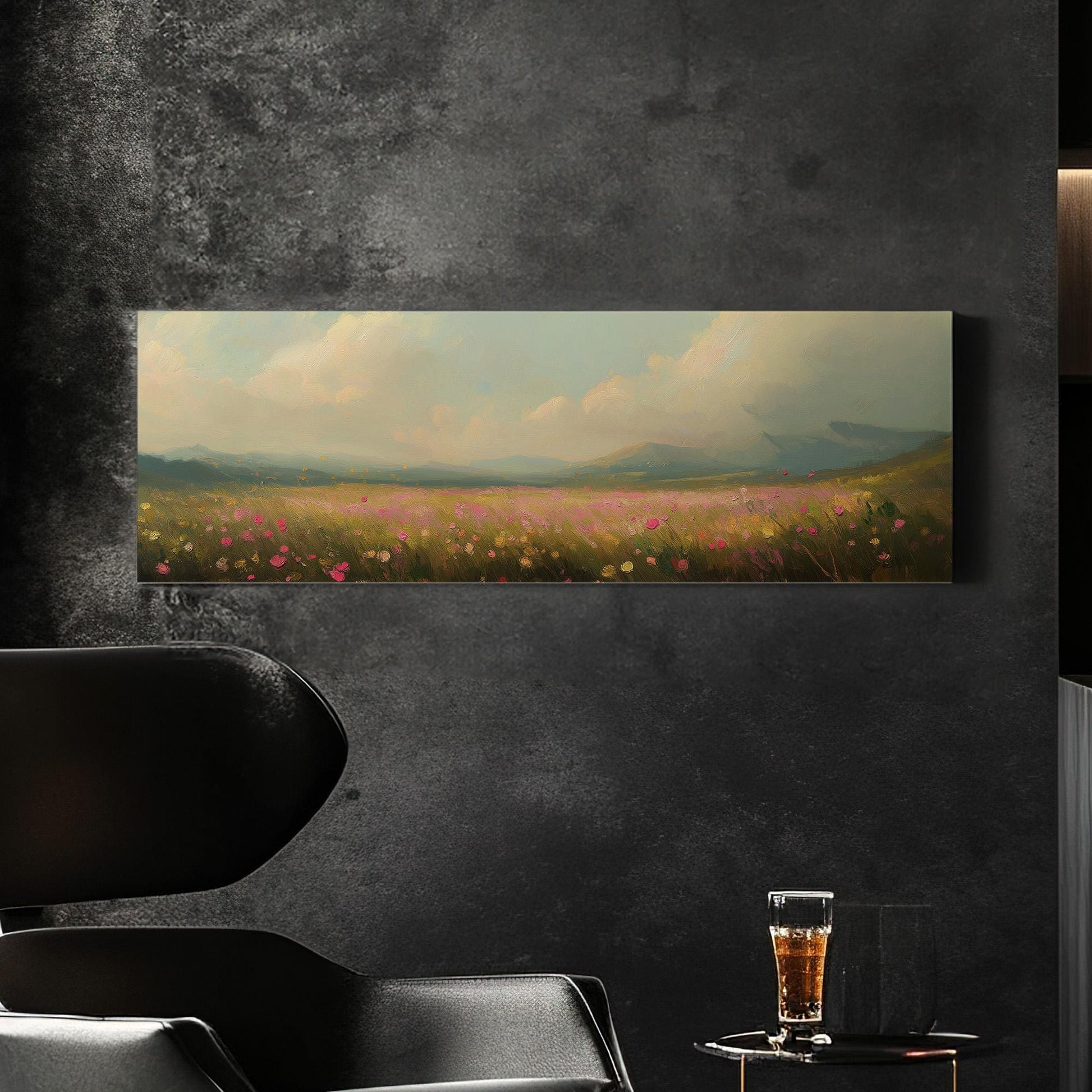 Spring Meadow in front of the Mountains Panoramic Wildflower Field, Minimal Muted Landscape Canvas, English Countryside Printed Canvas Art