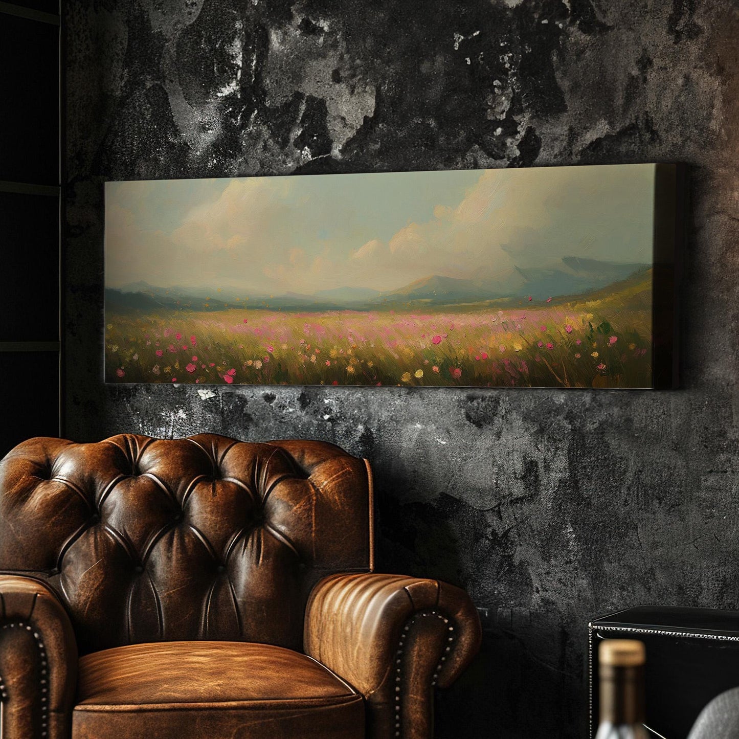 Spring Meadow in front of the Mountains Panoramic Wildflower Field, Minimal Muted Landscape Canvas, English Countryside Printed Canvas Art
