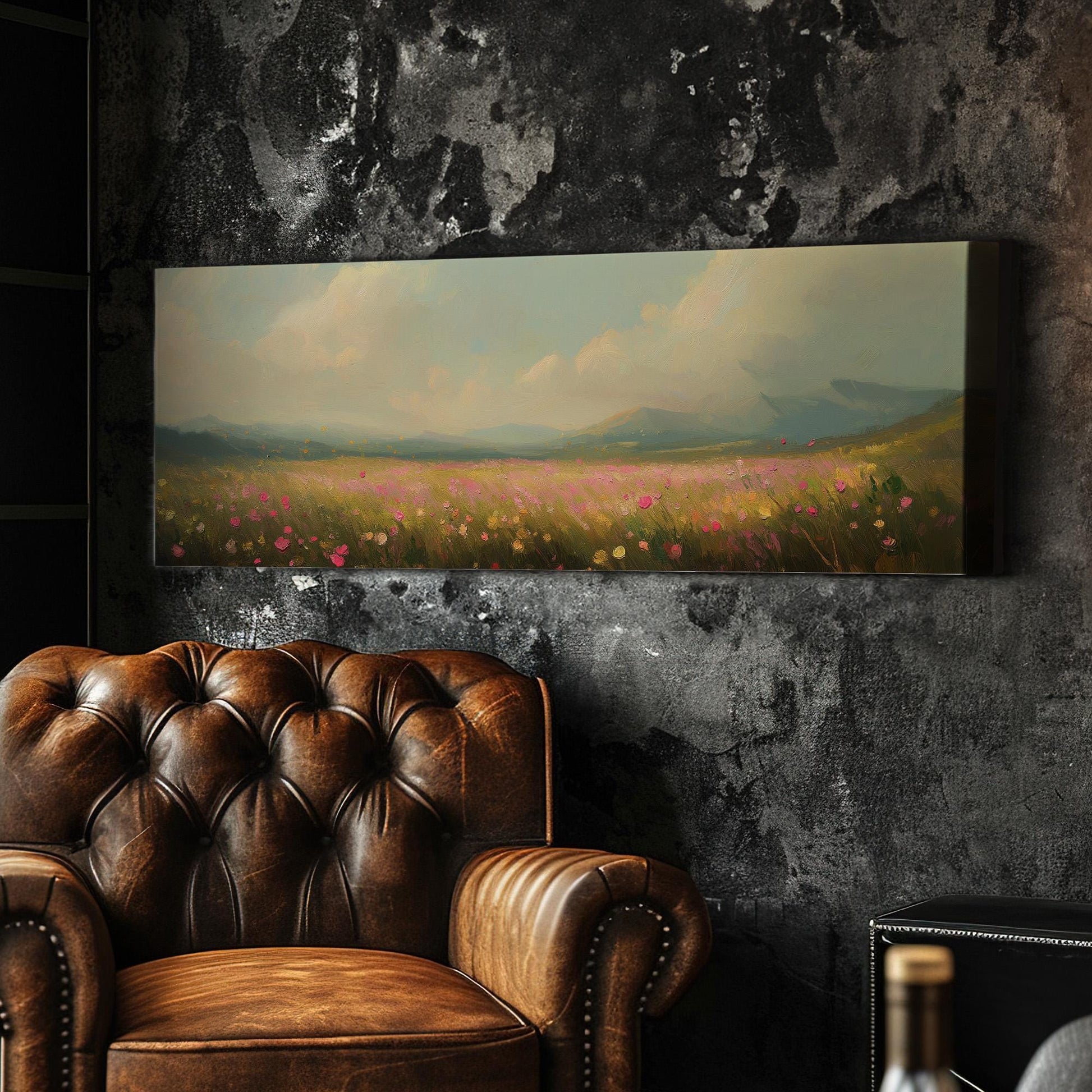 Spring Meadow in front of the Mountains Panoramic Wildflower Field, Minimal Muted Landscape Canvas, English Countryside Printed Canvas Art