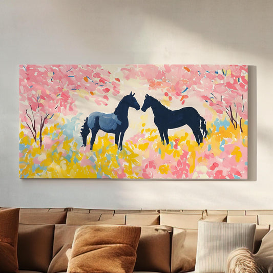 Horses Couple Lanscape Flower Garden, 2x1 Farmhouse Equestrian Canvas Print, Wild Country 20x60 Canvas Art