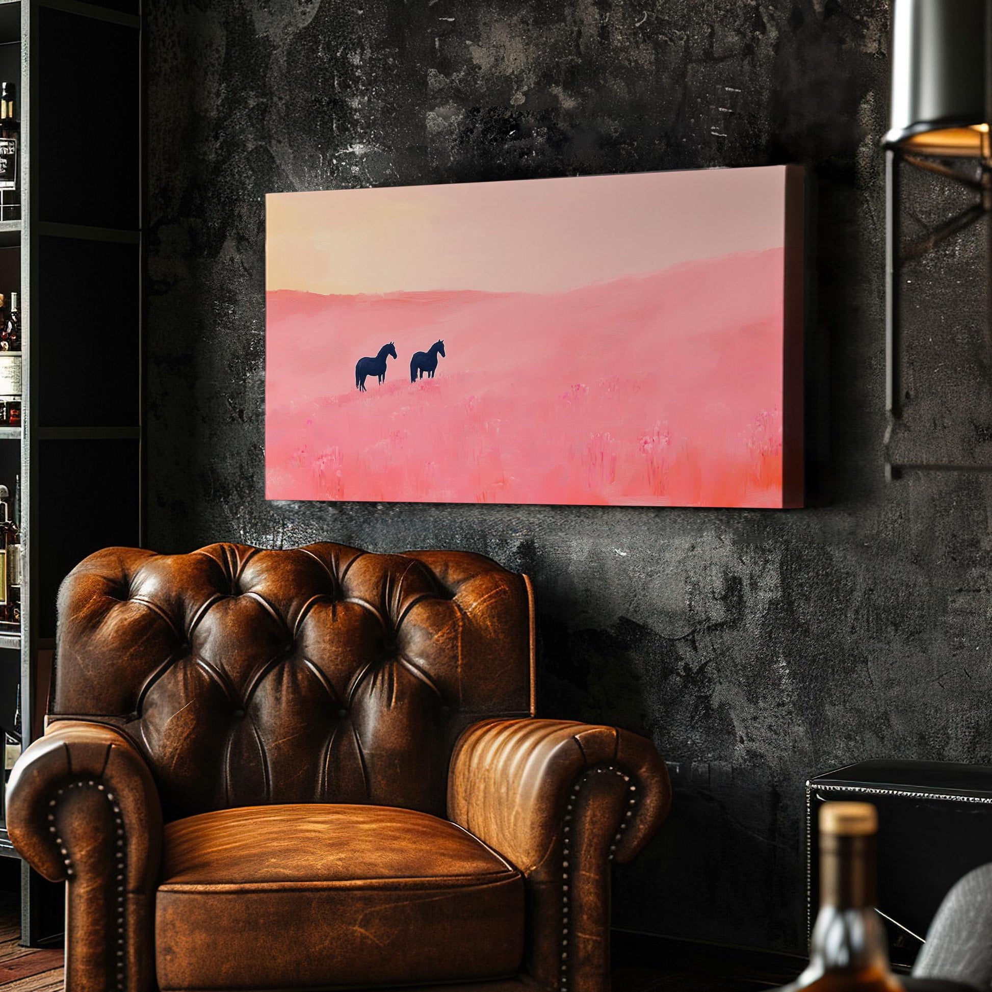 Horses With Pink Wildflowers Lanscape Western Country, 2x1 Farmhouse Equestrian Canvas Print, Wild Nature 20x60 Canvas Art