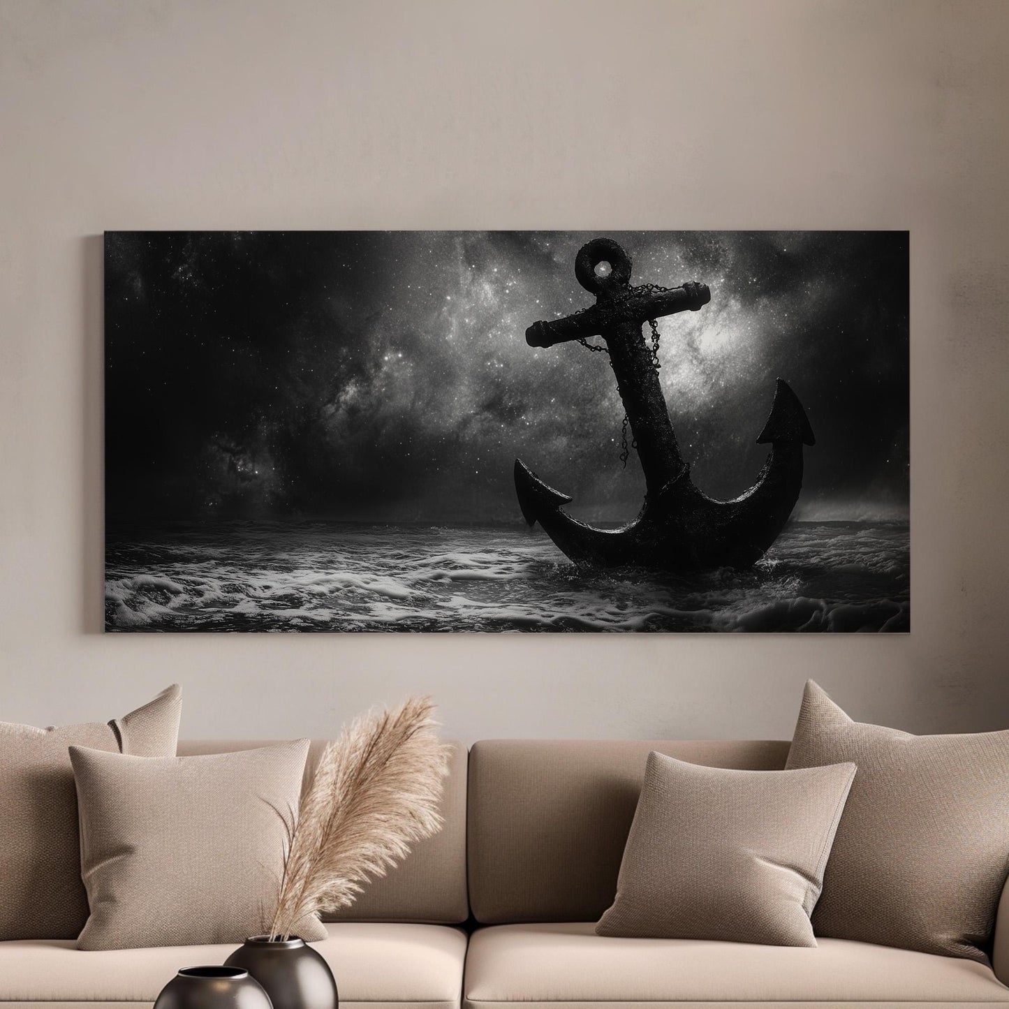 Lost Anchor At Night Lanscape Coastal Nautical, 2x1 Rustic Sea Canvas Print, Starry Sky 20x60 Canvas Art