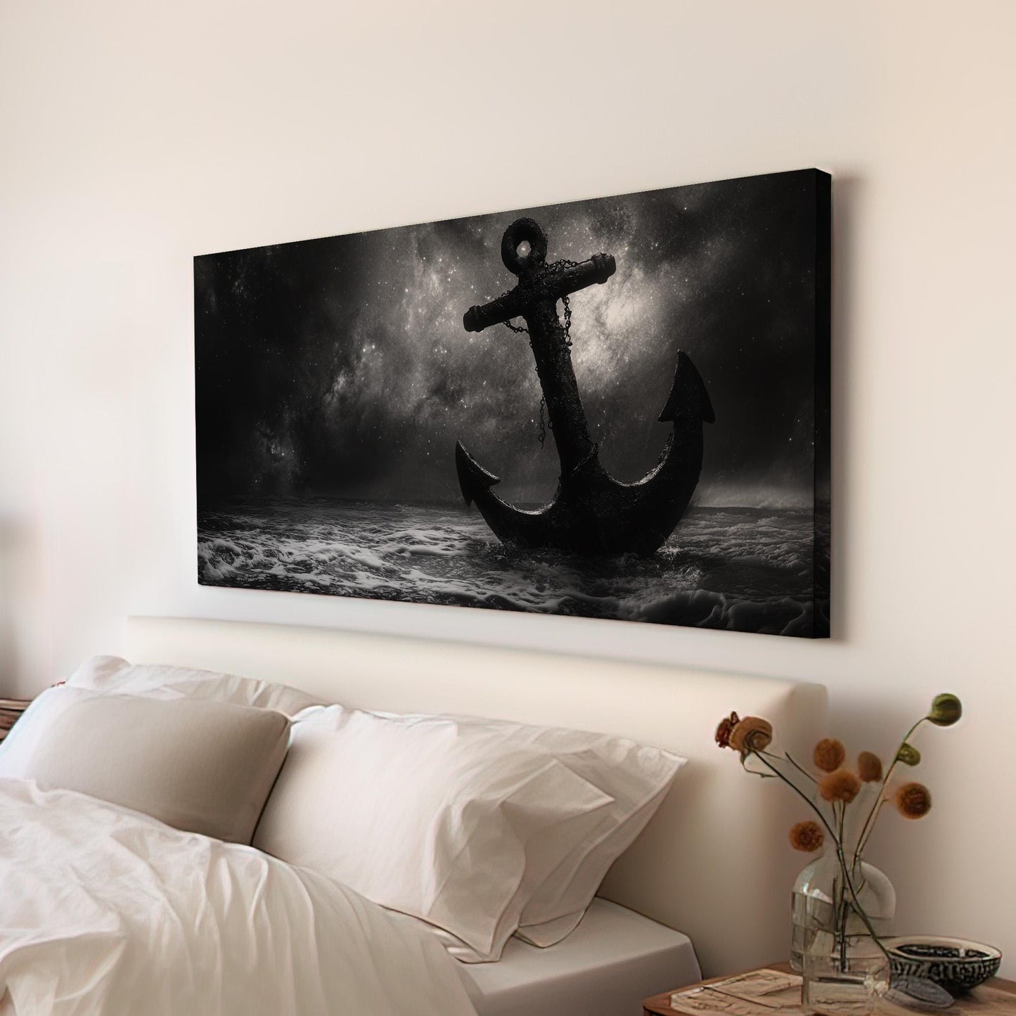 Lost Anchor At Night Lanscape Coastal Nautical, 2x1 Rustic Sea Canvas Print, Starry Sky 20x60 Canvas Art