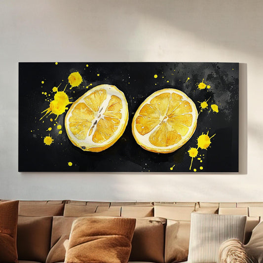 Moody Lemon Slice Lanscape Farmhouse Kitchen, 2x1 Citrus Colors Canvas Print, Country Art 20x60 Canvas Art