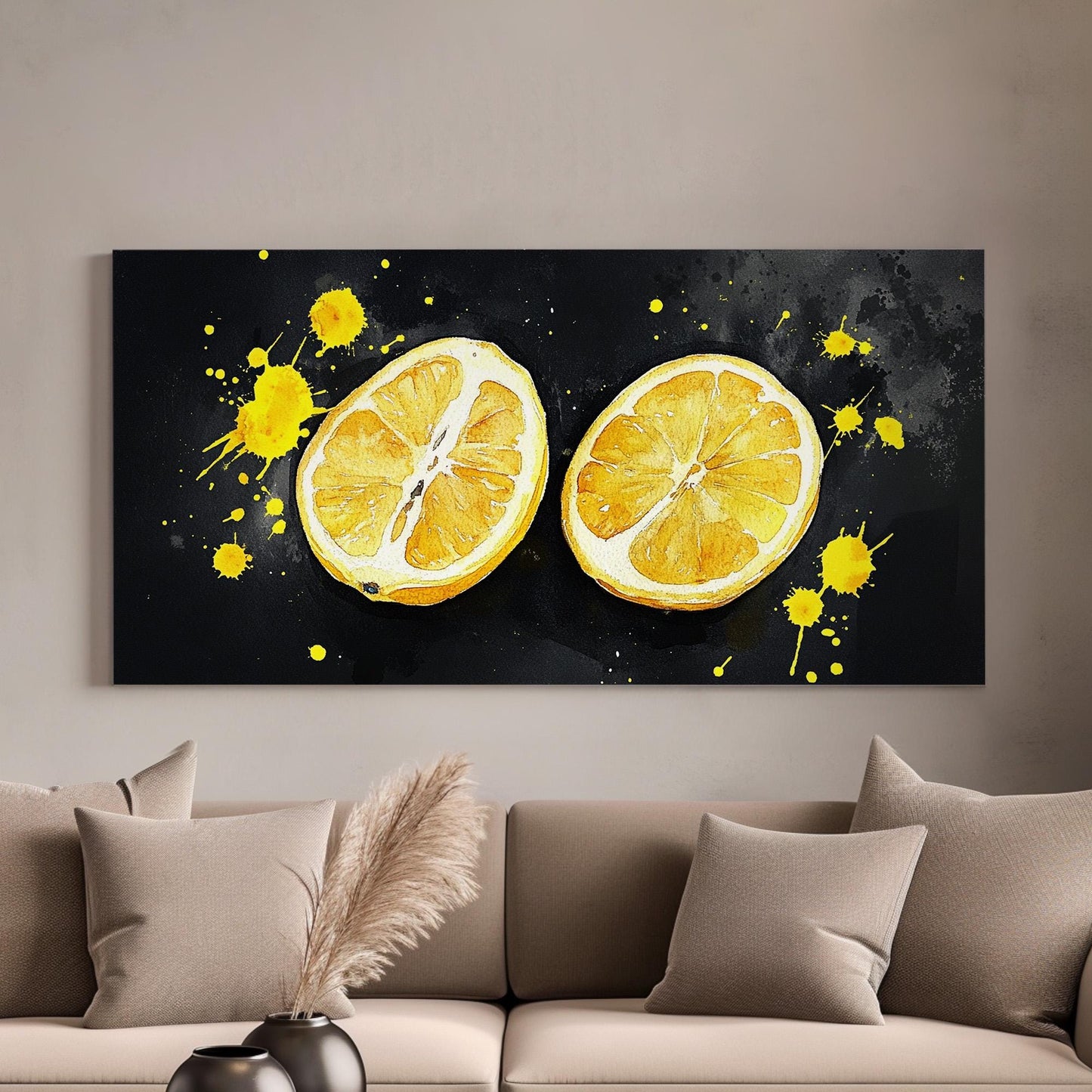 Moody Lemon Slice Lanscape Farmhouse Kitchen, 2x1 Citrus Colors Canvas Print, Country Art 20x60 Canvas Art