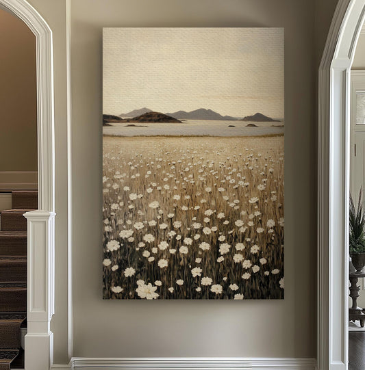Coastal White Flower Field Vertical Floral Lakeside, Vintage Spring Vibes Canvas Print, Farmhouse Printed Canvas Art