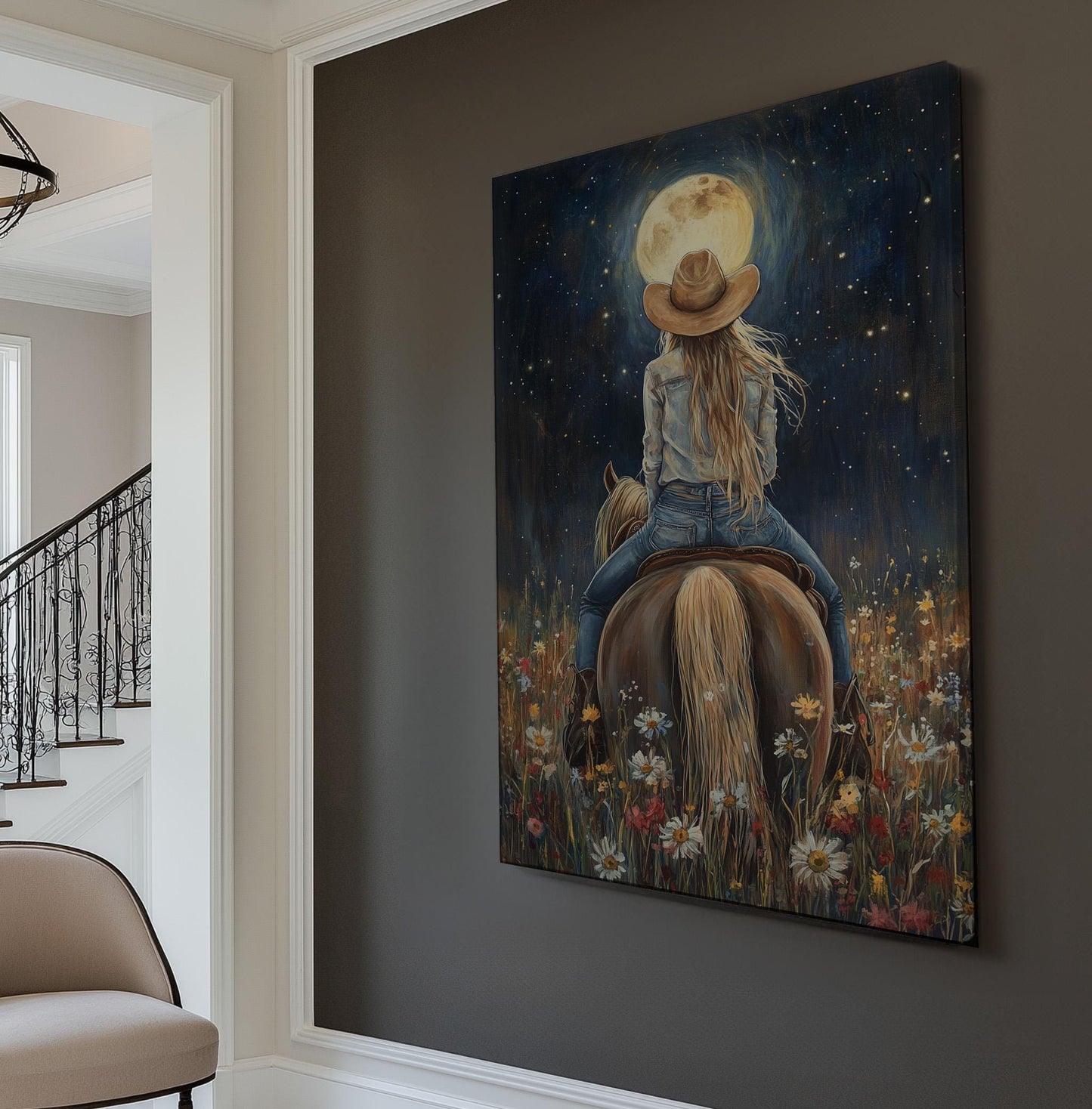 Cowgirl Under Moonlight Vertical Starry Sky Ride, Vintage Wildflower Field Canvas Print, Western Night Printed Canvas Art