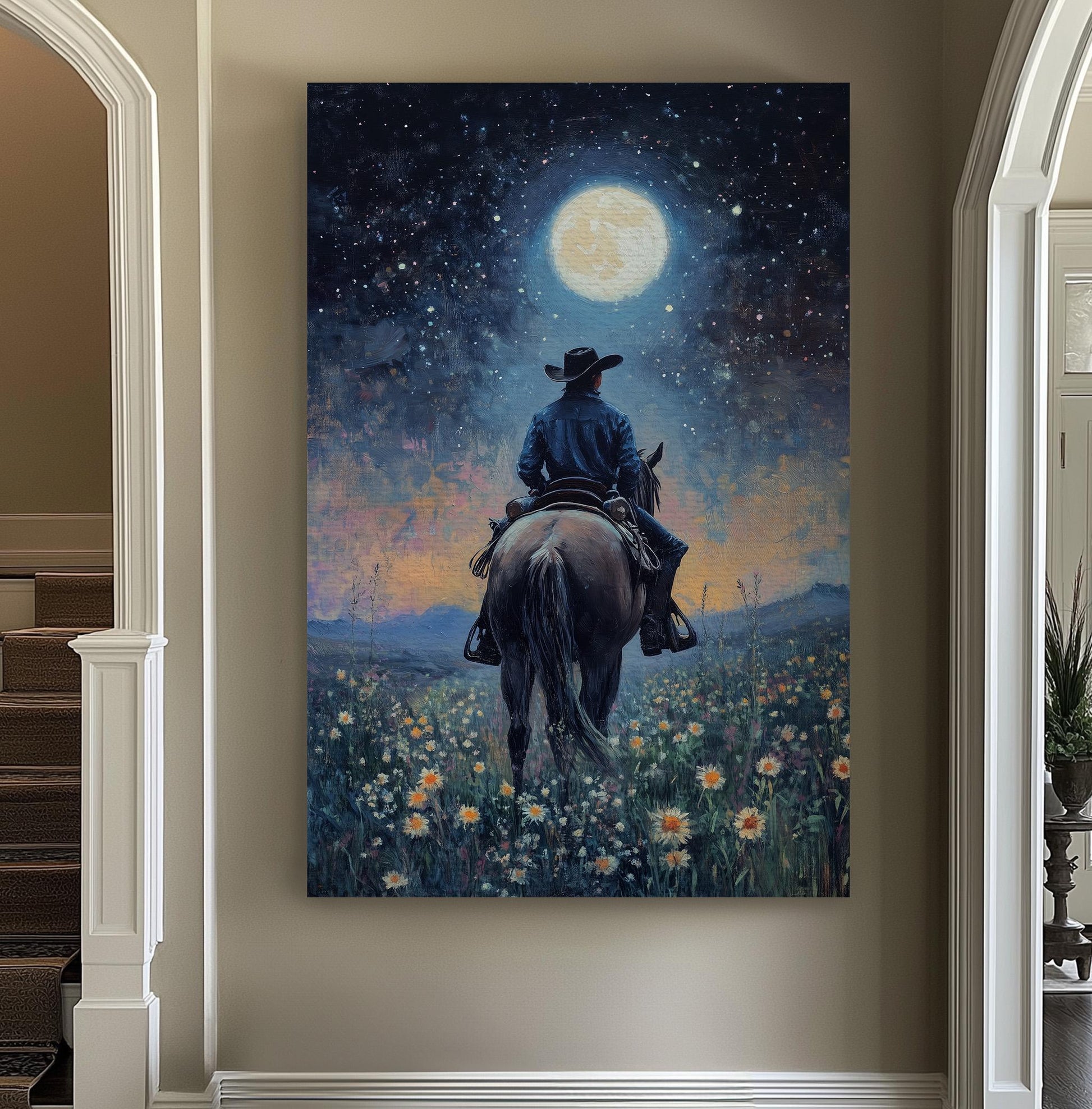 Lone Rider at Night Vertical Moonlit Landscape, Vintage Western Horizon Canvas Print, Country Serenity Printed Canvas Art