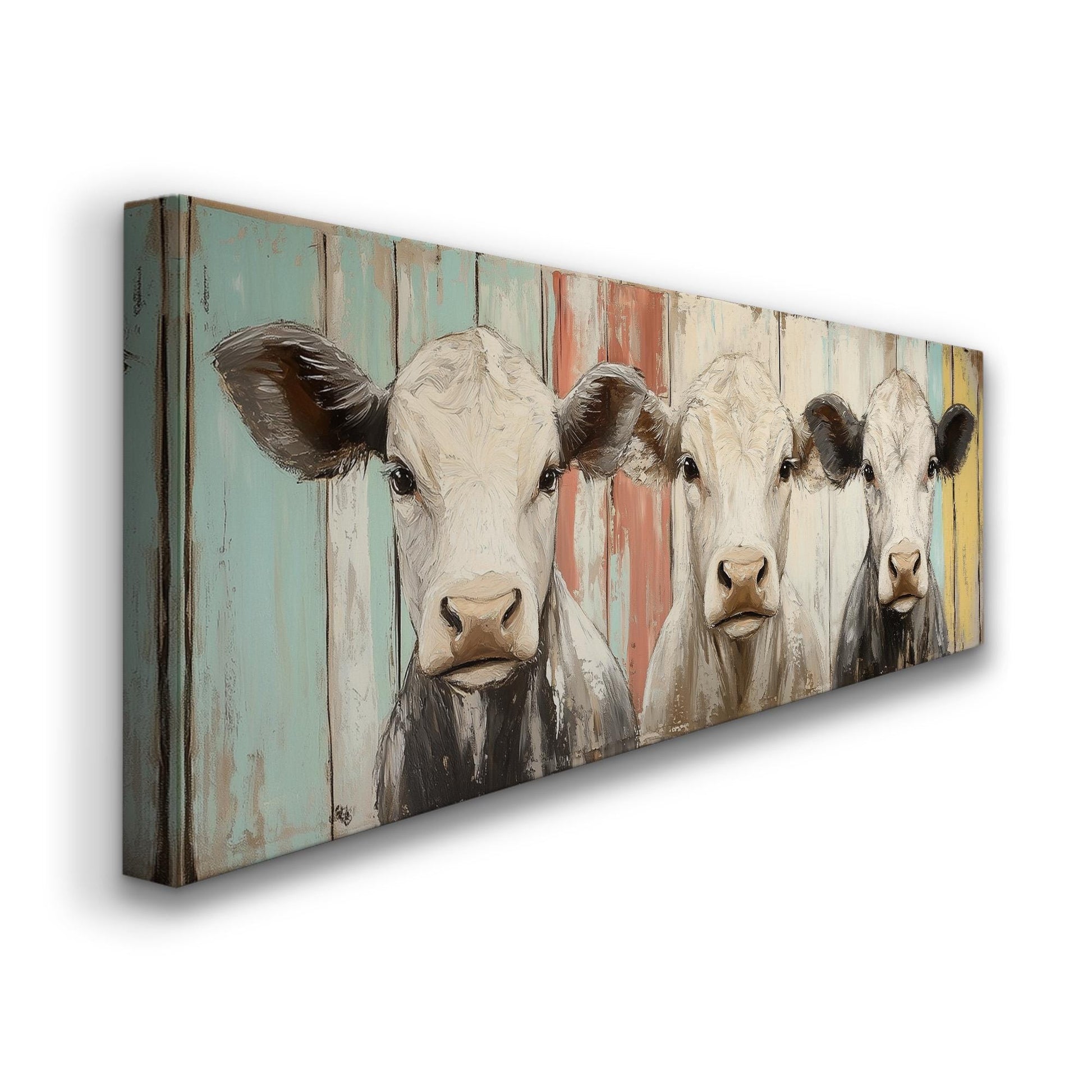 3 Cow Buddies Panoramic Wood Textured, Minimal Country Living Canvas Print, Rustic Home Printed Canvas Art
