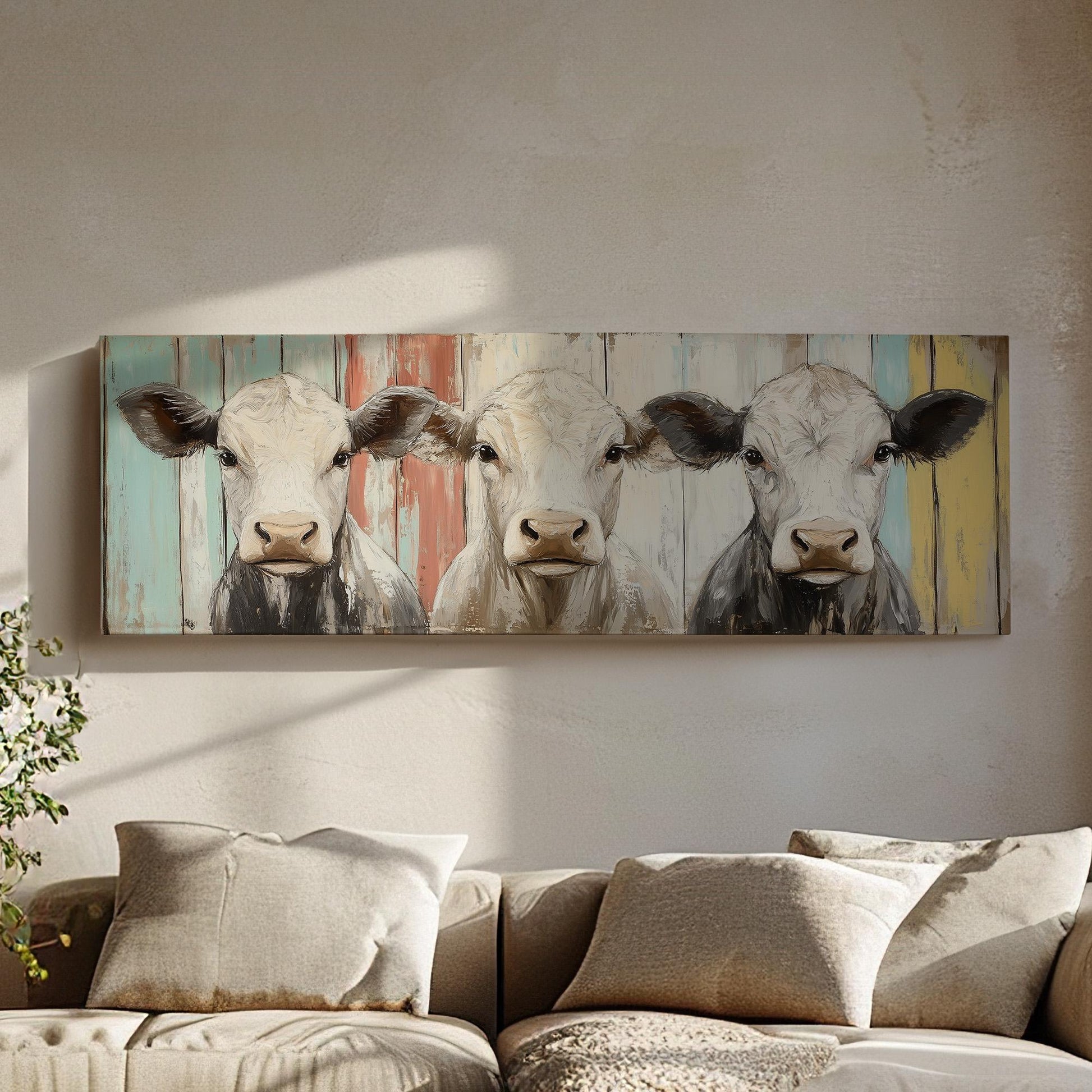 3 Cow Buddies Panoramic Wood Textured, Minimal Country Living Canvas Print, Rustic Home Printed Canvas Art