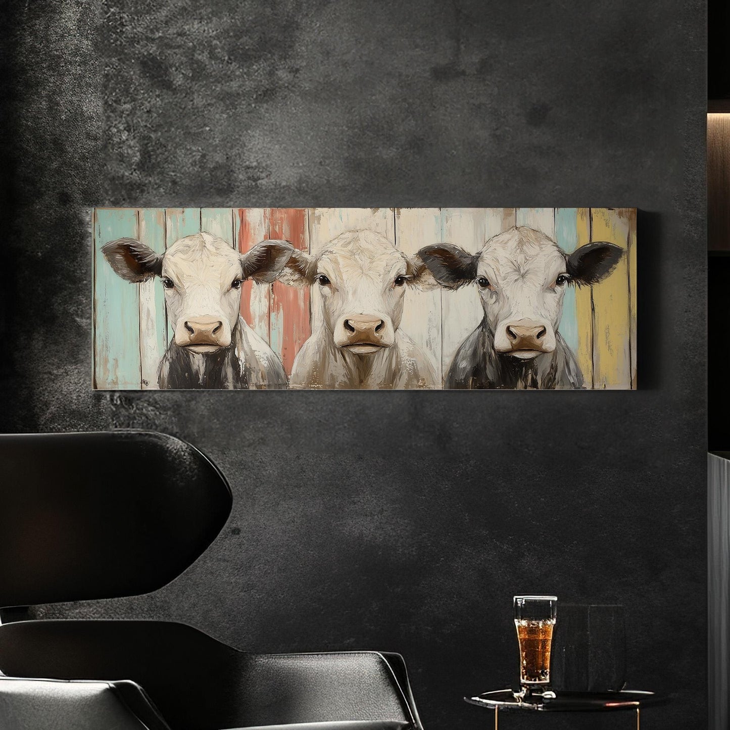3 Cow Buddies Panoramic Wood Textured, Minimal Country Living Canvas Print, Rustic Home Printed Canvas Art