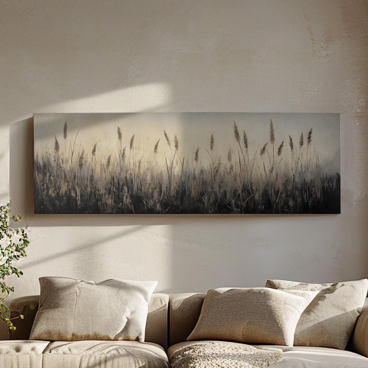 Beige Reed Grass Panoramic Muted Beach, Minimal Nautical Art Canvas Print, Coastal Sunset Printed Canvas Art