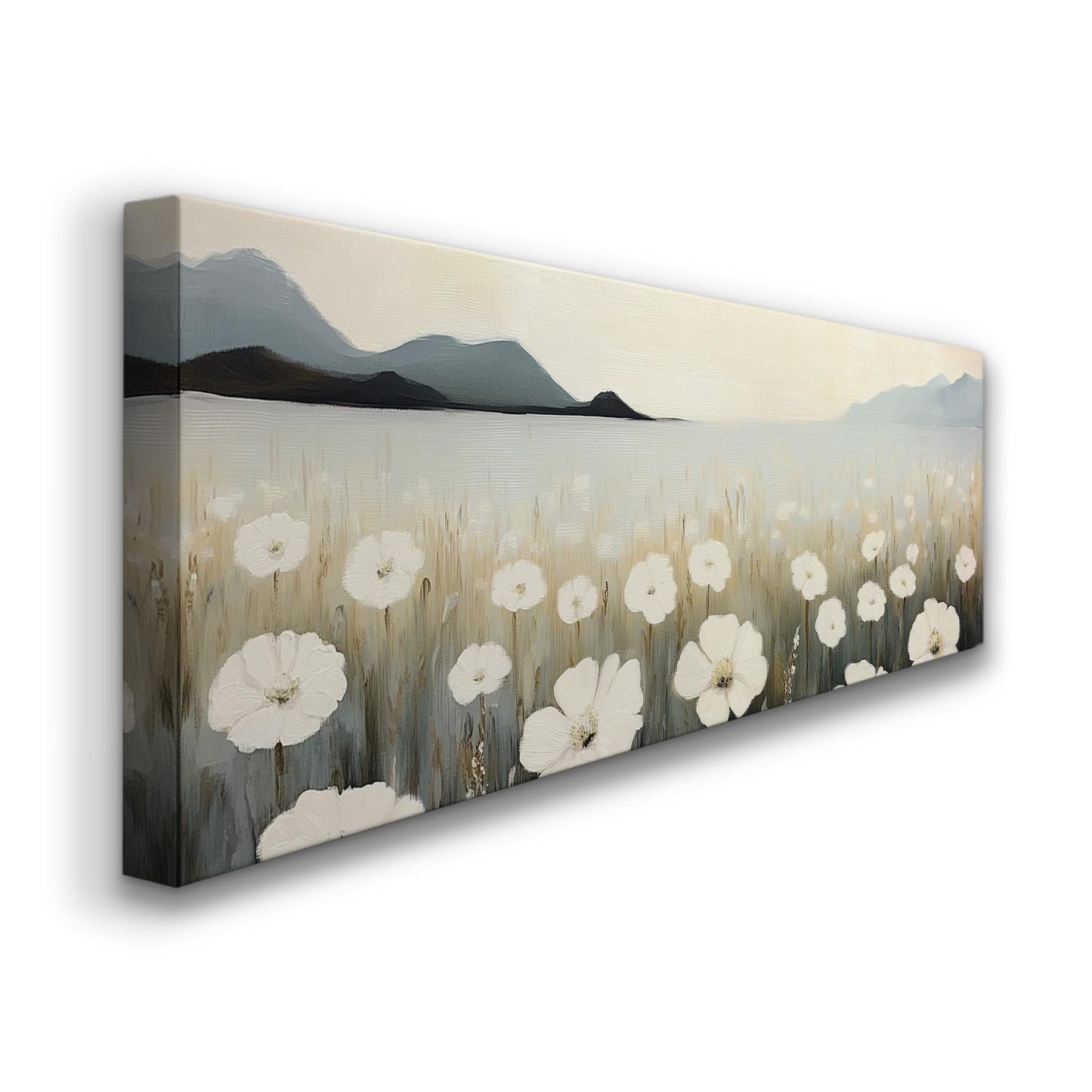 Coastal White Flower Field Panoramic Floral, Minimal Spring Vibes Canvas Print, Farmhouse Printed Canvas Art