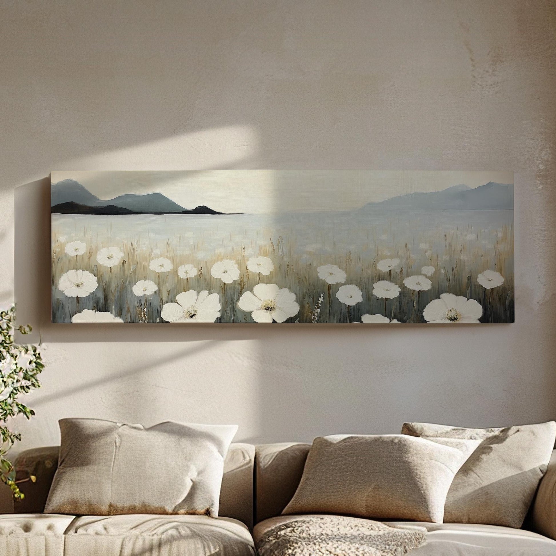 Coastal White Flower Field Panoramic Floral, Minimal Spring Vibes Canvas Print, Farmhouse Printed Canvas Art