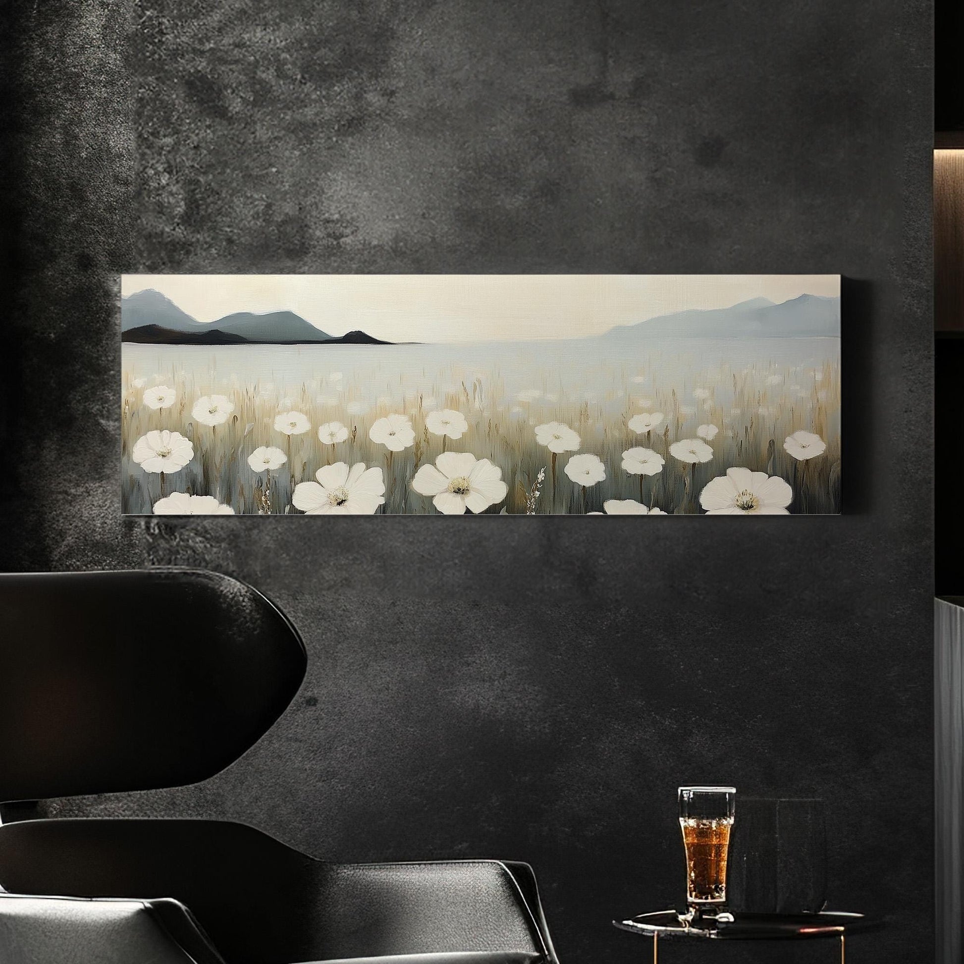 Coastal White Flower Field Panoramic Floral, Minimal Spring Vibes Canvas Print, Farmhouse Printed Canvas Art