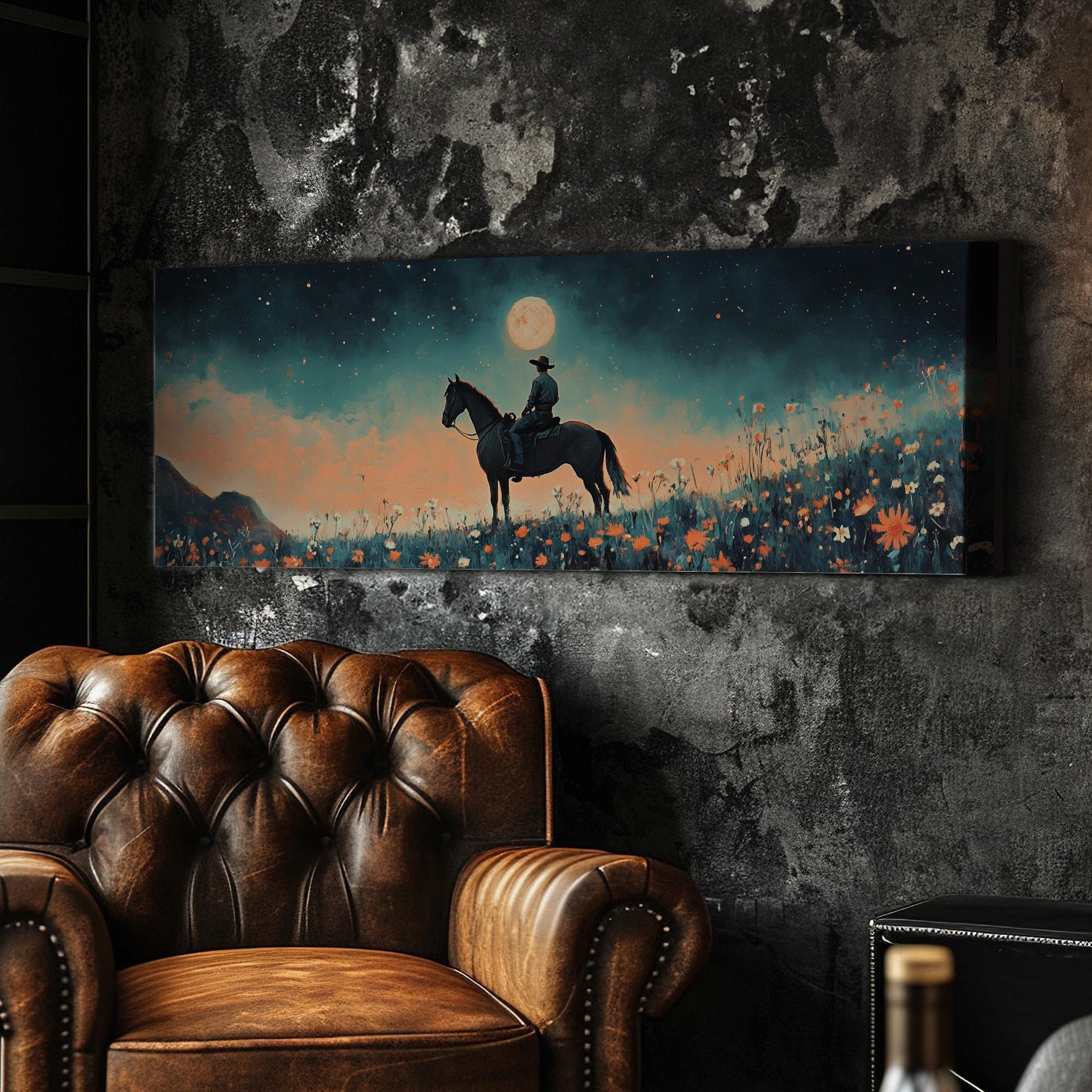 Cowboy At Full Moon Panoramic Western Country, Minimal Farmhouse Equestrian Canvas Print, Wild Riding Printed Canvas Art