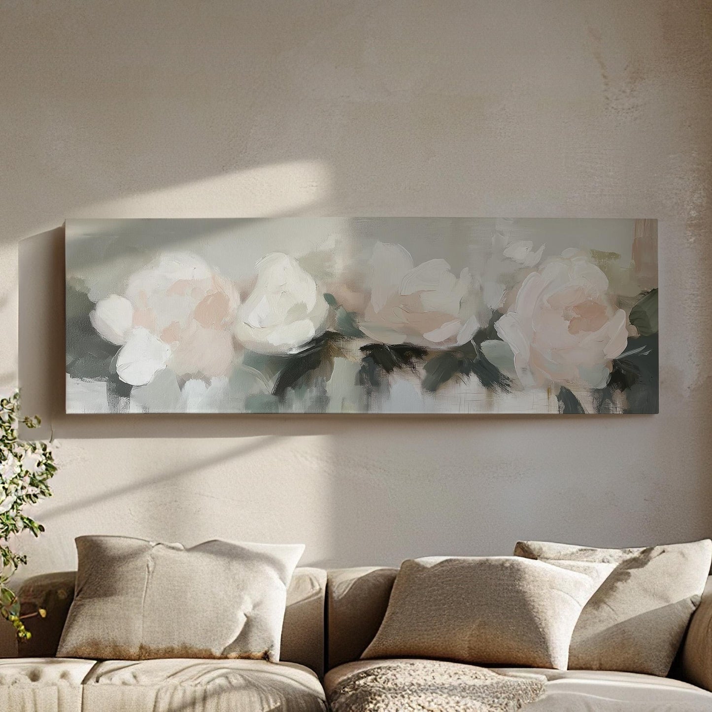 Abstract Pink Flowers Panoramic Rose Bouqet, Minimal Muted Colors Canvas Print, Spring Countryside Printed Canvas Art