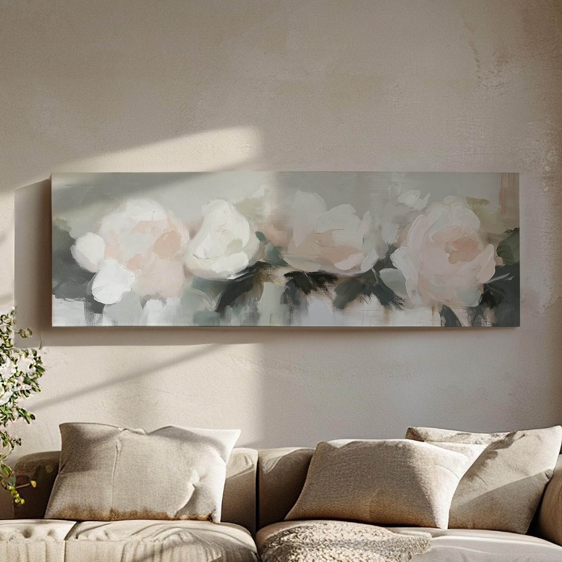 Abstract Pink Flowers Panoramic Rose Bouqet, Minimal Muted Colors Canvas Print, Spring Countryside Printed Canvas Art